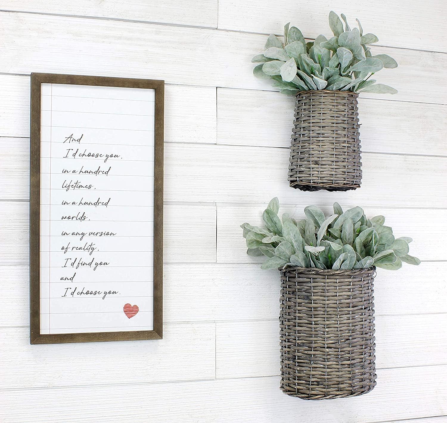 AuldHome Design Wall Hanging Pocket Baskets, Rustic Farmhouse Decor Wicker Painted Baskets