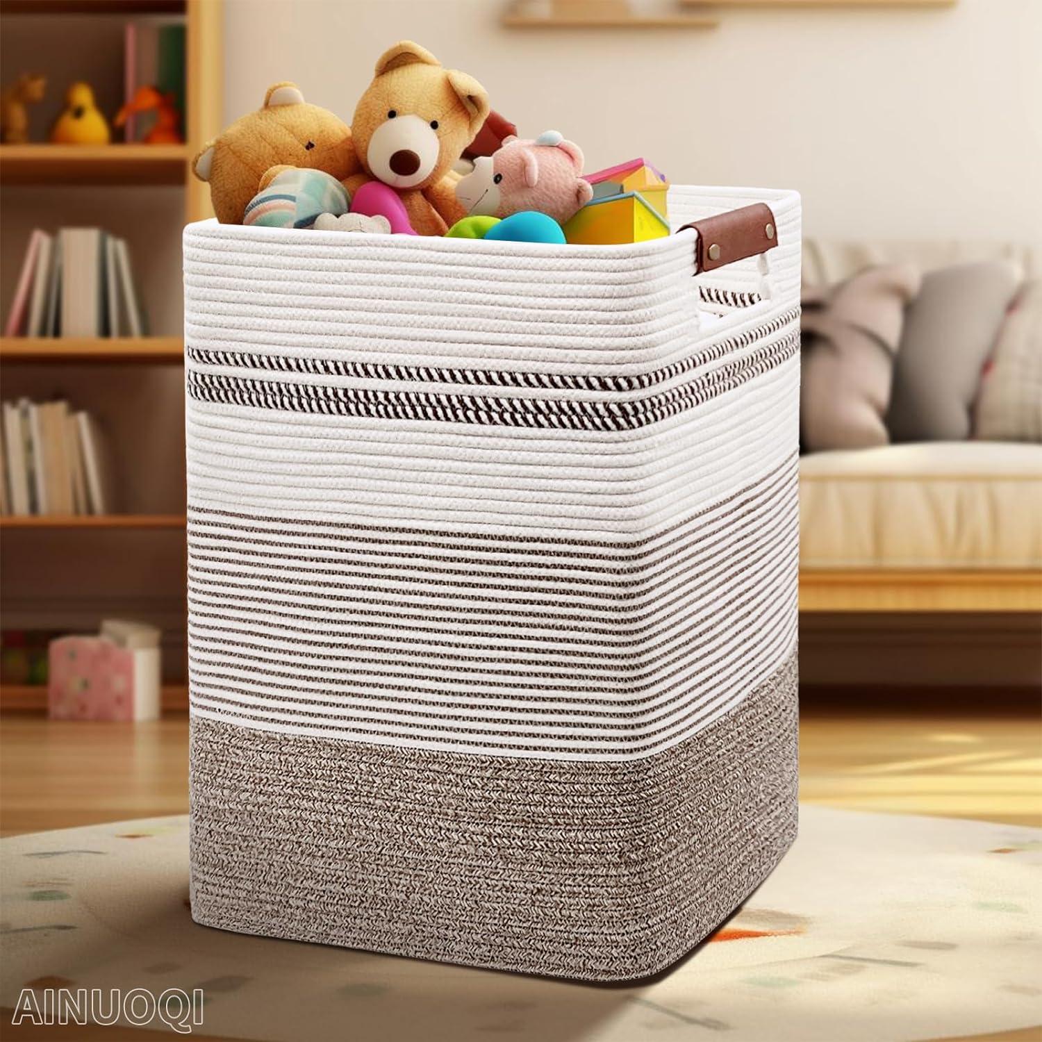 Laundry Hamper - Tall Woven Rope Laundry Basket - Clothes hamper with Leather Handles, 17.8" X 13.8" X 22", Blanket Storage Basket for Living Room, Rice Brown & White