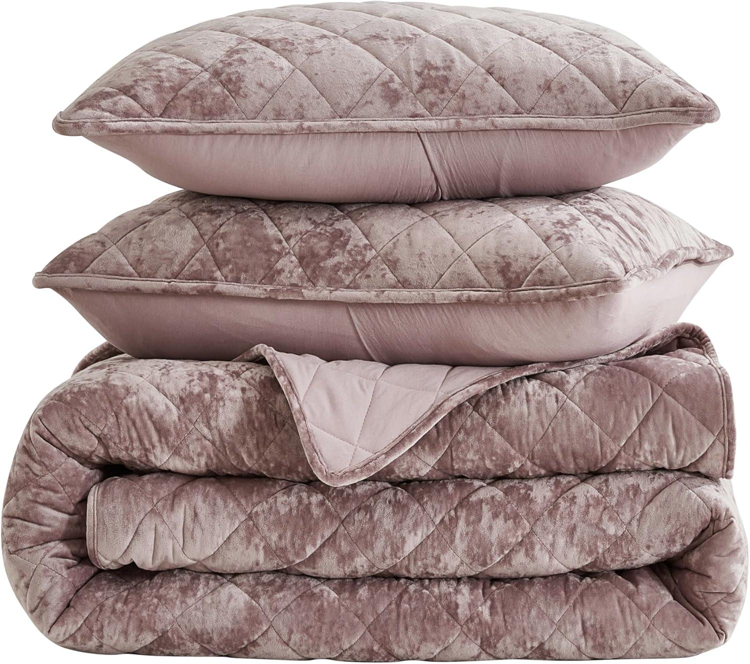 Luxurious Dusty Pink Velvet King Quilt Set with Reversible Microfiber