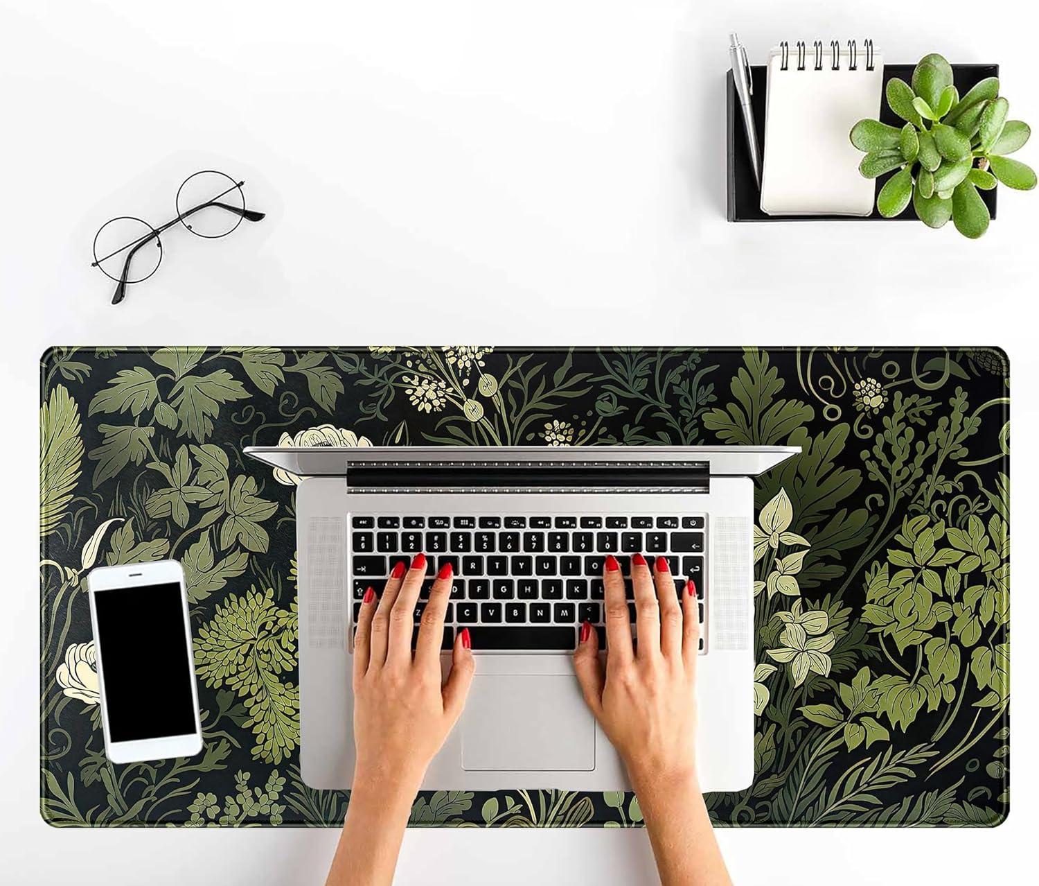 Green Leaves Beige Plants Pad, Large Extend Mouse Pad XXL, Freshness Foliage Keyboard Mat, Black Esthetics Desktop Mat Laptop Wireless Mouse Mat, Gift for Women 31.5"x15.75"