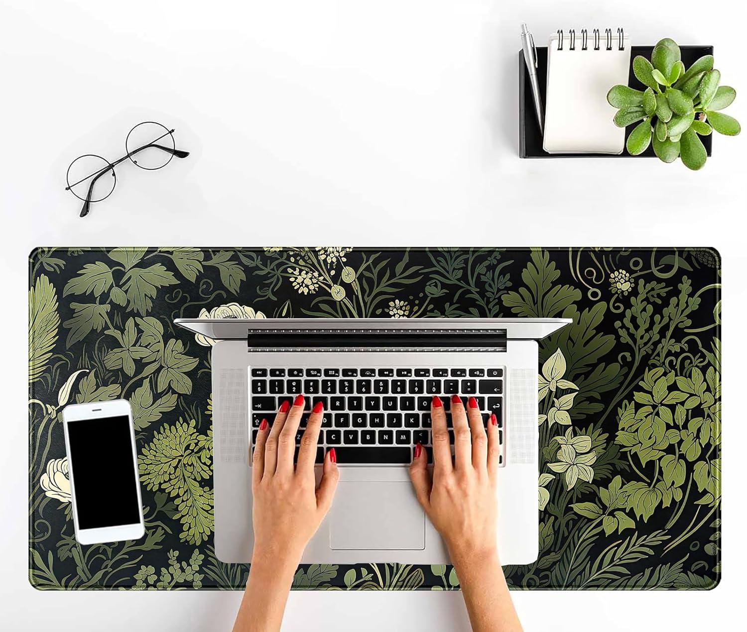 Green Leaves Beige Plants Pad, Large Extend Mouse Pad XXL, Freshness Foliage Keyboard Mat, Black Esthetics Desktop Mat Laptop Wireless Mouse Mat, Gift for Women 31.5"x15.75"
