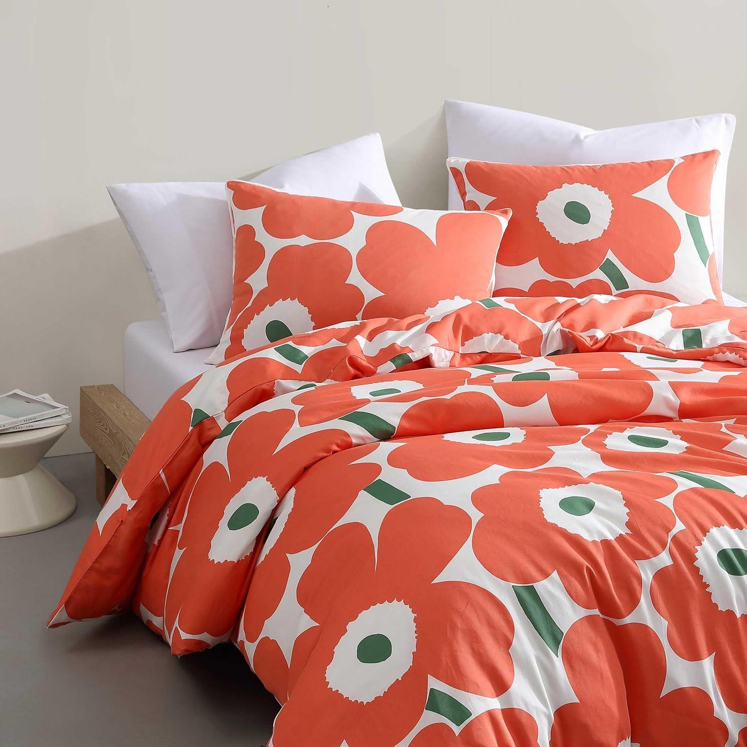 Unikko Orange and White Organic Cotton Queen Duvet Cover Set