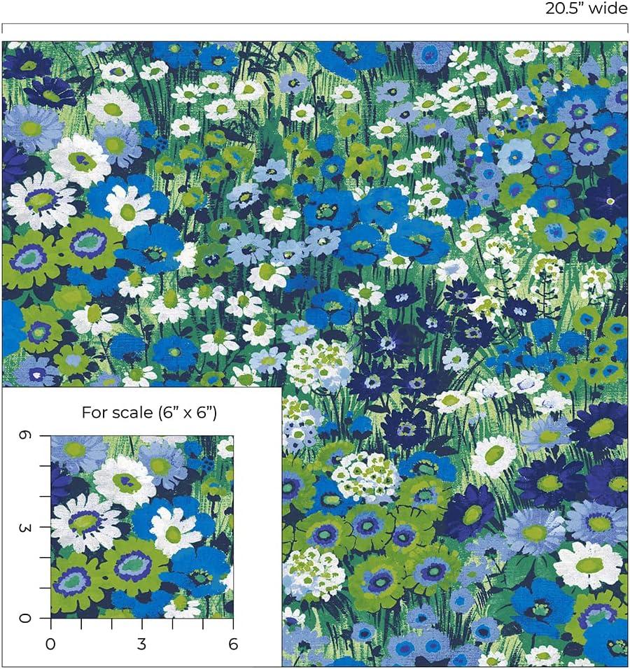 Bright Blue and Sap Green Floral Peel and Stick Wallpaper