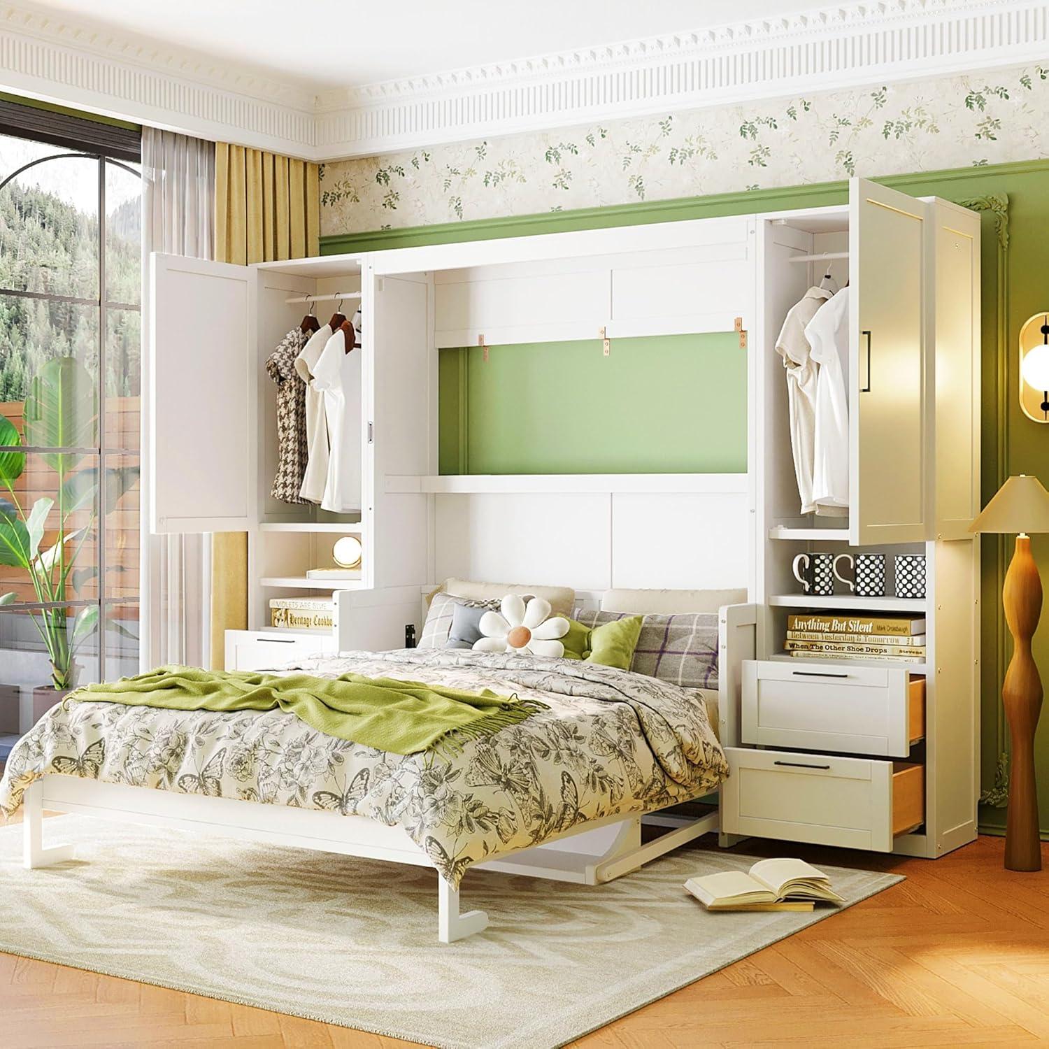 Harper & Bright Designs Queen Size Murphy Bed, Wooden Queen Wall Bed with Closet, Drawers and Shelves, White