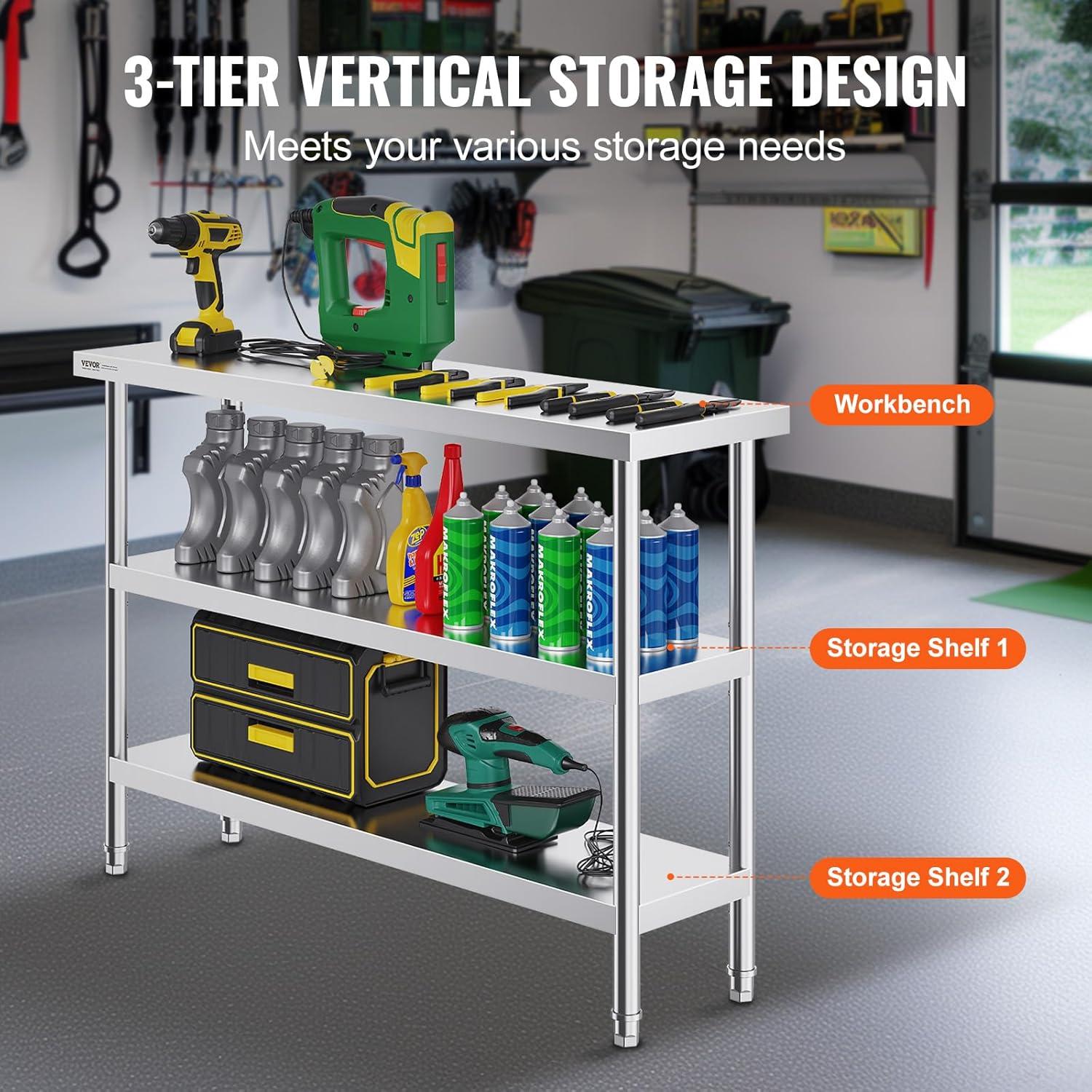 VEVOR Stainless Steel Food Prep Table, 14 x 48 x 34 Inch Commercial Kitchen Worktable, with 2 Adjustable Undershelf, Heavy Duty Prep Metal Work Tables for BBQ, Kitchen, Home, and Garage