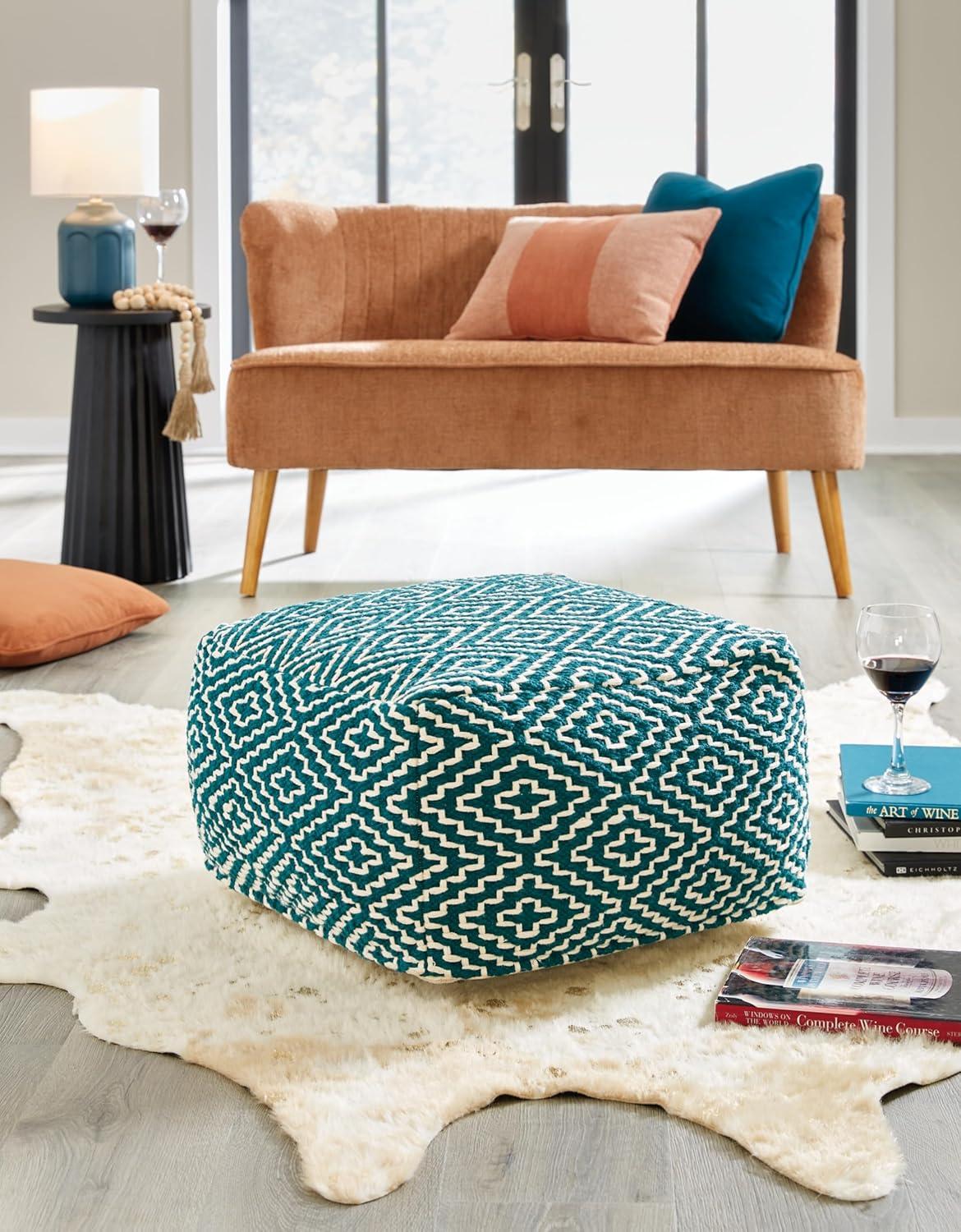 Handwoven Blue and White Geometric Pouf