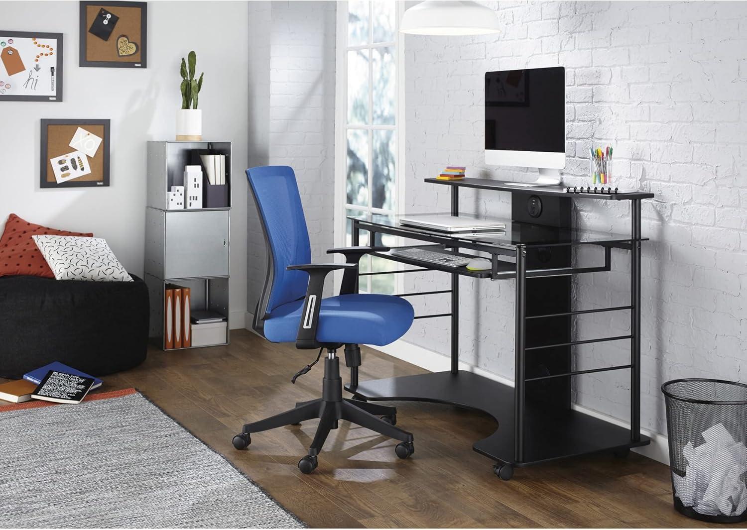 Black Glass Mobile Tech Desk with Power Outlet and USB Port