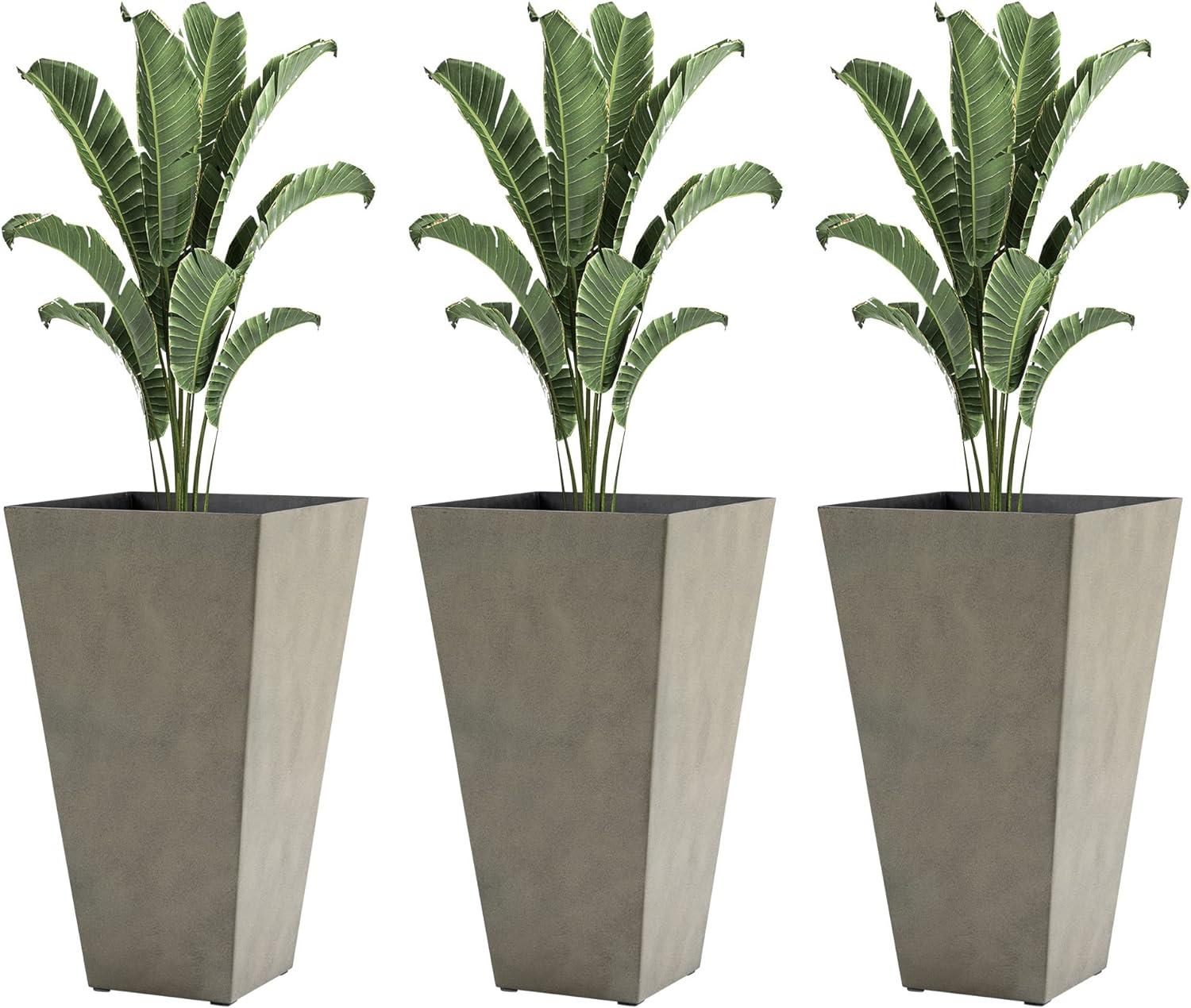 Set of 3 Tall Gray Polypropylene Square Planters with Drainage Hole