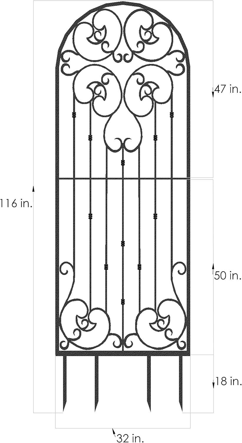 Tall Charcoal Brown Wrought Iron Garden Trellis with Scroll Design