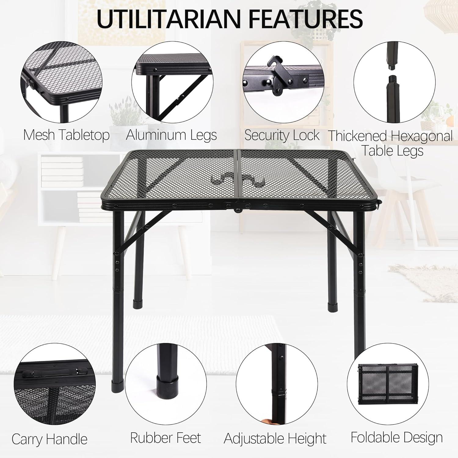 Black Aluminum Folding Camping Grill Table with Adjustable Height