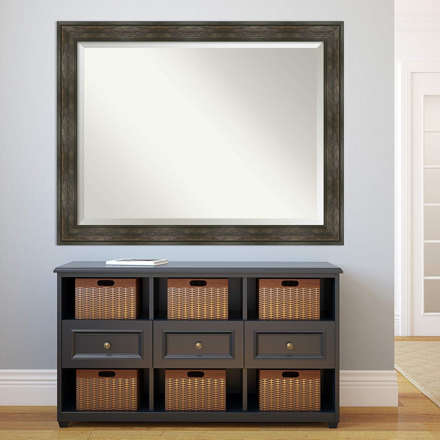 Amanti Art Beveled Bathroom Wall Mirror - Rail Rustic Char Frame - Rail Rustic Char Outer Size: 46 x 36 in
