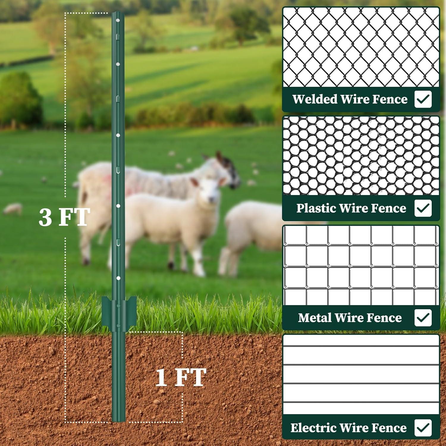 Fence Posts 3Feet - 10Pack, Heavy Duty Metal Fence Post with U-Channel, Steel Fence U-Post for Holding Garden Wire Fence, Corner Anchor Posts etc.