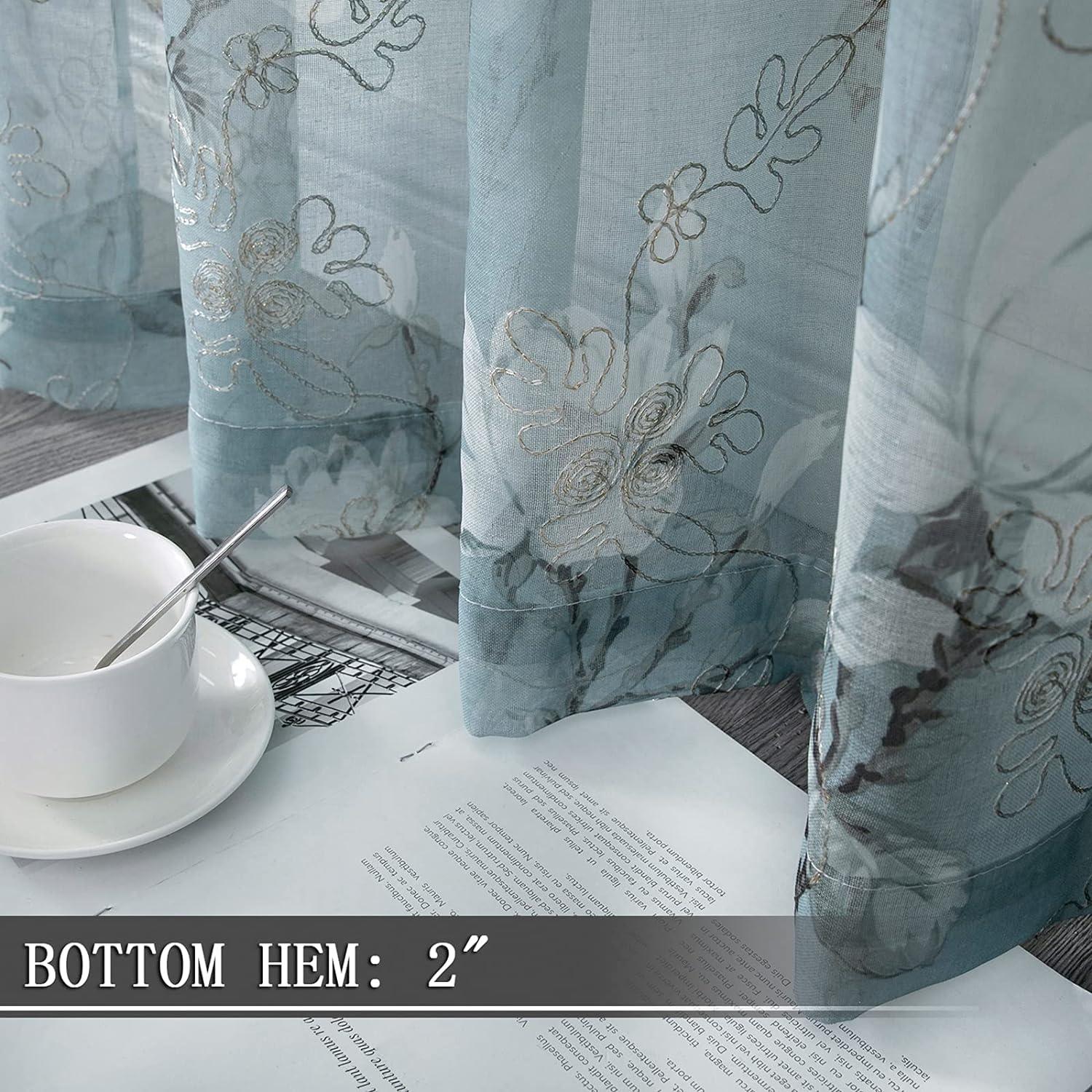 Tollpiz Floral Turquoise Sheer Curtain Flower Print Vine Embroidery Bedroom Curtains Rod Pocket Voile Window Curtain for Living Room, 54 x 95 inches Long, Set of 2 Panels