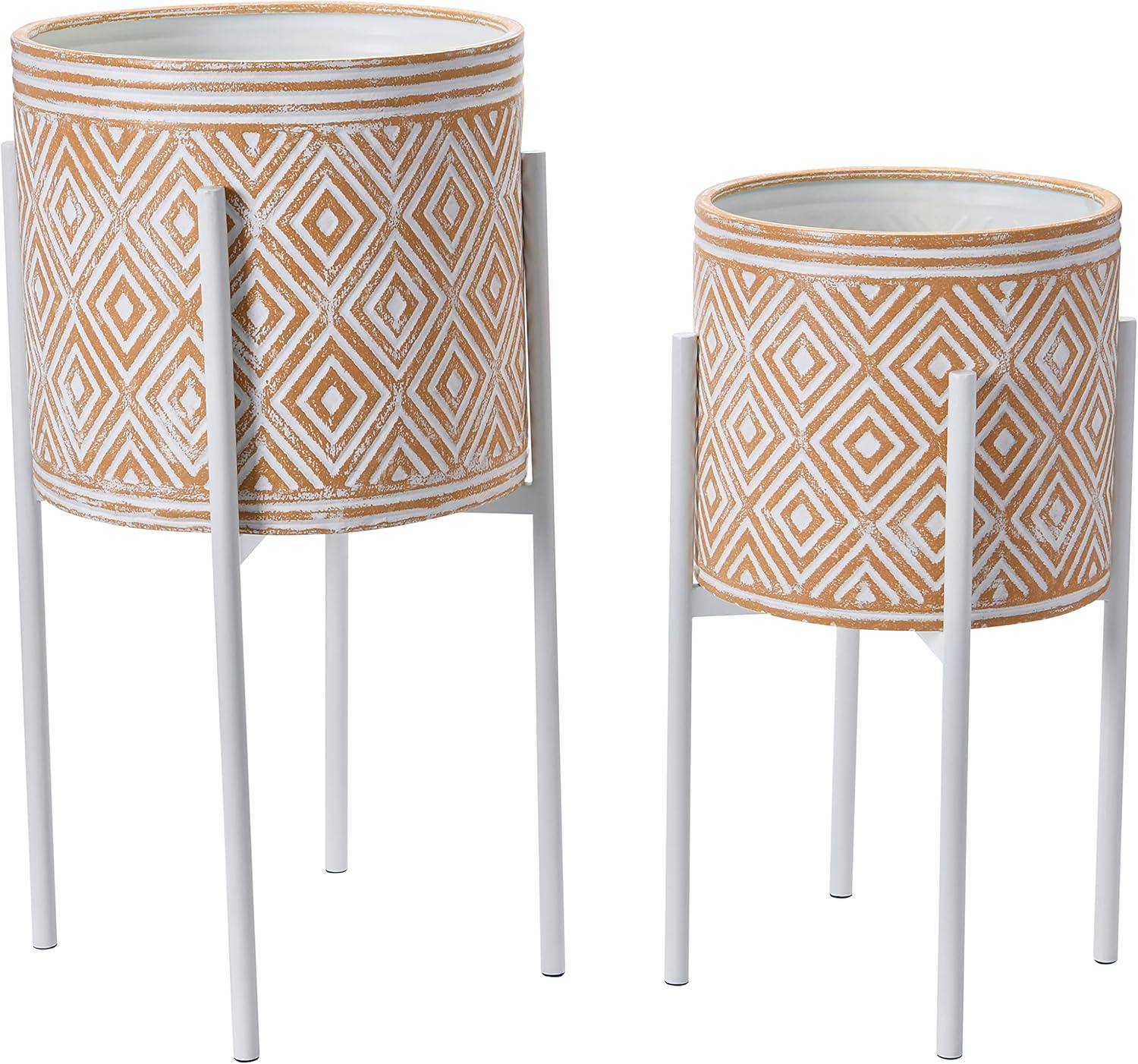 Main + Mesa Modern Boho Embossed Metal Planters with Stands, White and Terracotta, Set of 2 Sizes