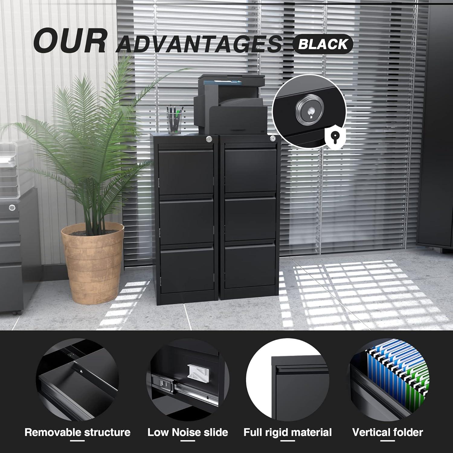 3 Drawer File Cabinet with Lock Metal Vertical File Cabinet Office Home Narrow File Cabinet for A4 Legal/Letter Size,Assembly Required (Black, 3 Drawers-Vertical)