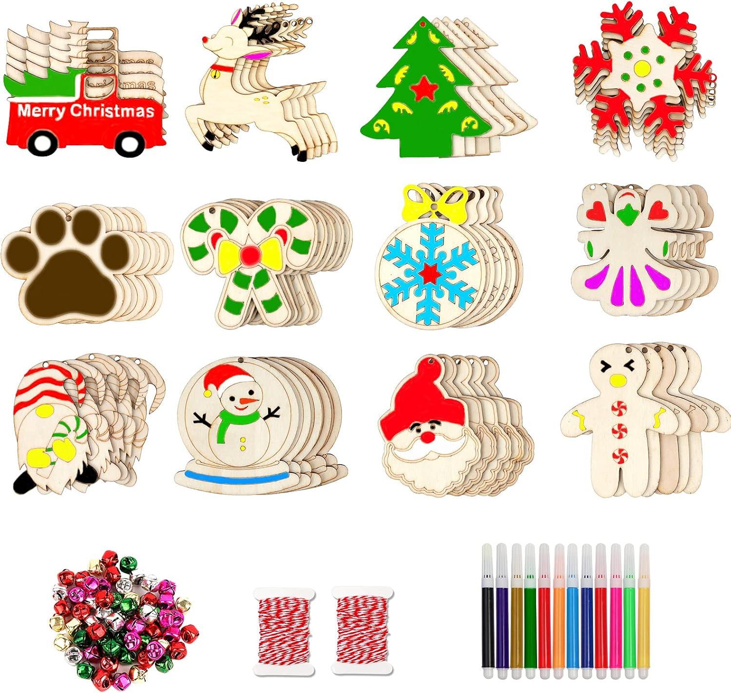 60pcs Wooden Christmas Ornaments, 12 Styles Unfinished Wood Slice Ornaments, DIY Christmas Ornaments Set with Bells, Colored Markers and Ropes