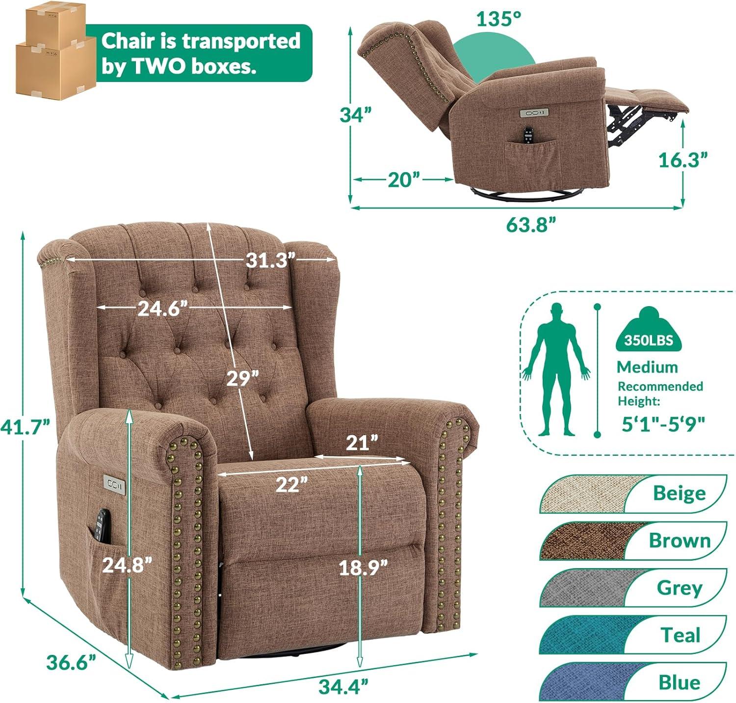 MEETWARM Meetwarm Power Swivel Rocking Glider Recliner Chair With Heat And Vibration, Electric Rocker Nursery Reclining Chair, Wingback Tufted Upholstered Recliner For Living Room, Type-C & Usb Ports