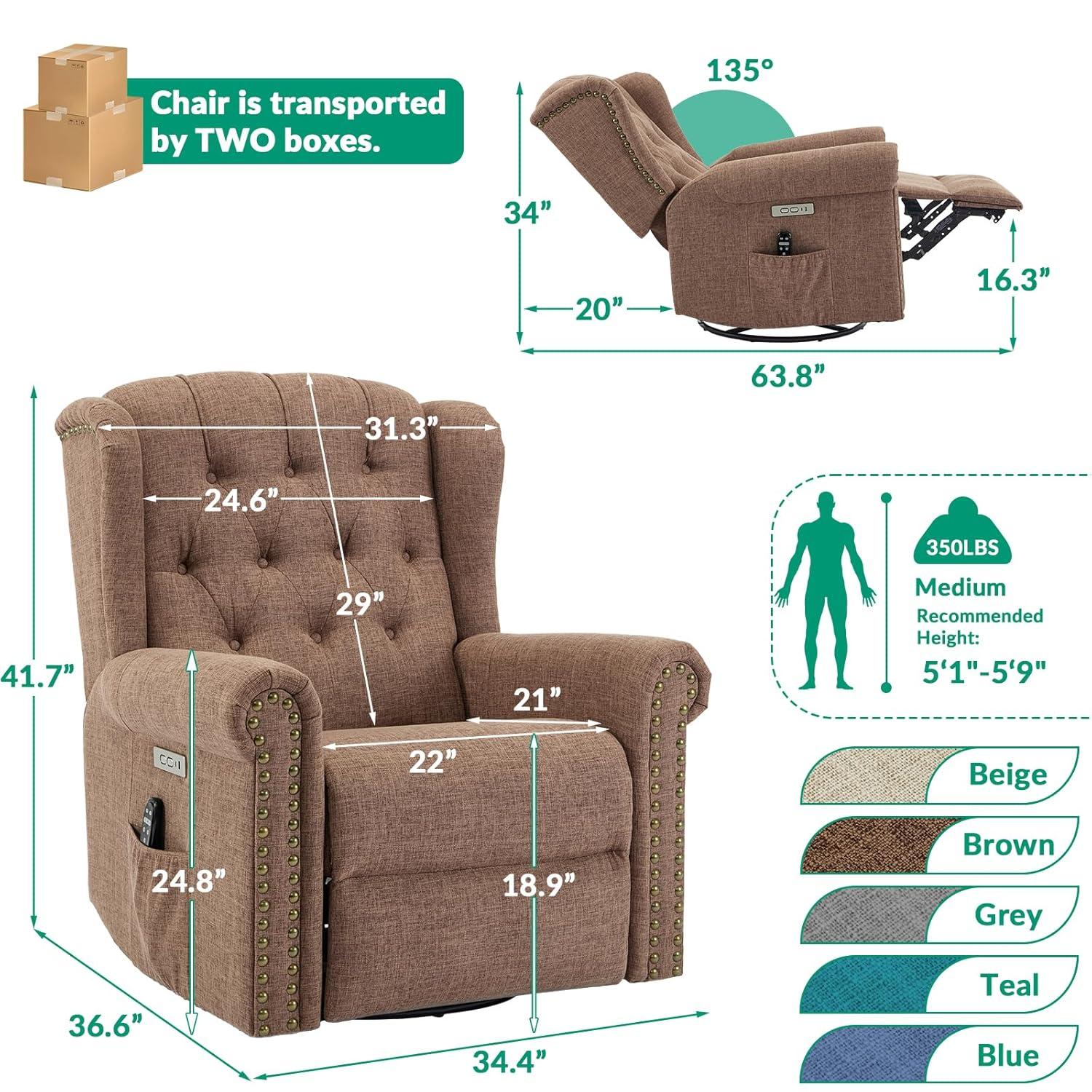 MEETWARM Meetwarm Power Swivel Rocking Glider Recliner Chair With Heat And Vibration, Electric Rocker Nursery Reclining Chair, Wingback Tufted Upholstered Recliner For Living Room, Type-C & Usb Ports
