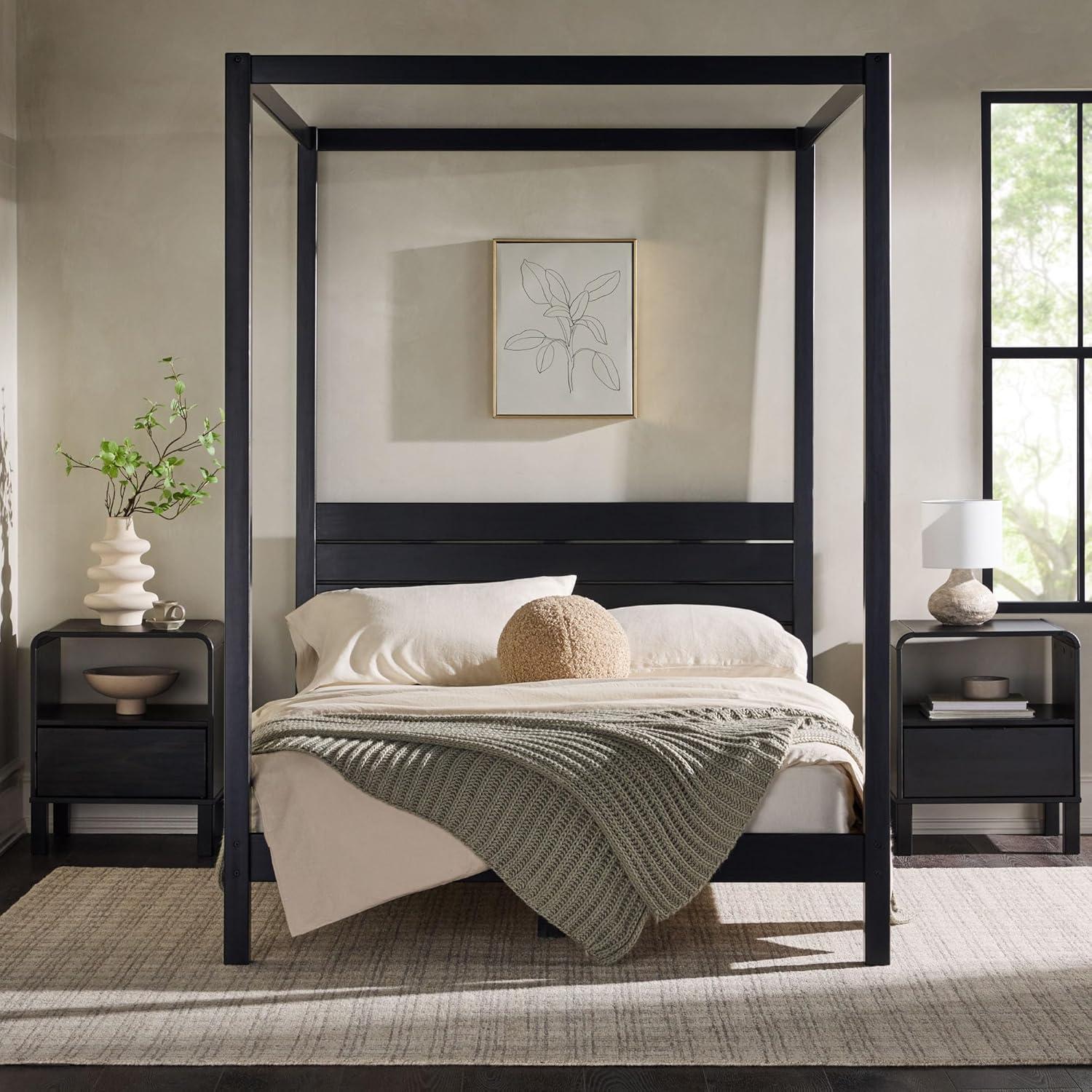 Walker Edison Minimalist Solid Wood Canopy Full Bed, Black