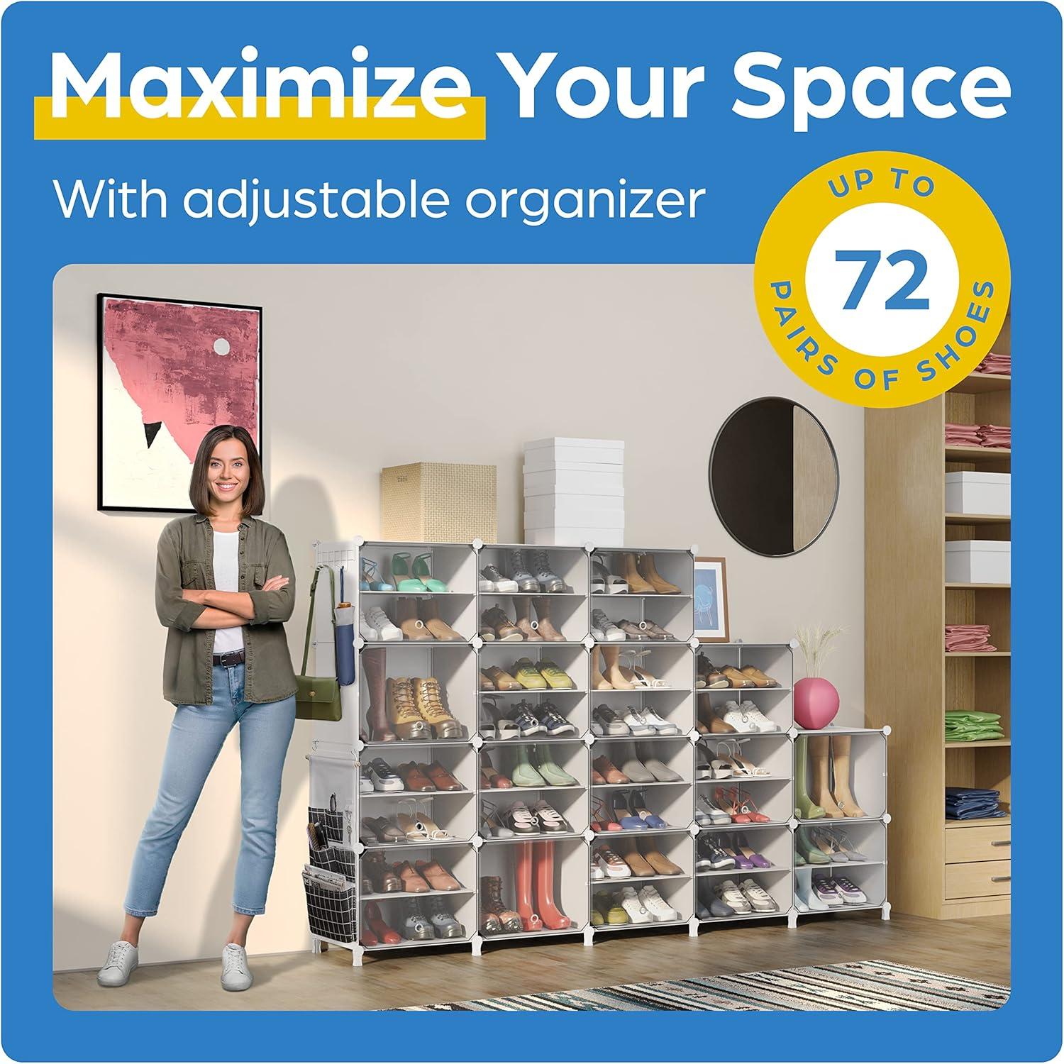 Shoe Organizer Cabinet Up to 72 Pairs, Shoe Closet-Covered Shoe Rack with See-Through Door (Clear, Plastic, Stackable) Cubby Portable Shoe Organizer with Covers, Hooks & Pockets, Black