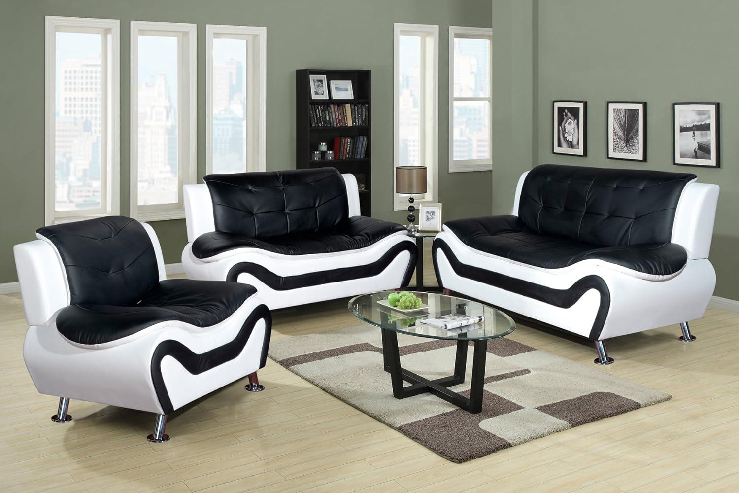 PonLiving Furniture 3 Piece Aldo Modern Sofa Set, Black & White Golden Coast Furniture 3 Piece Aldo Modern Sofa Set, Black & White