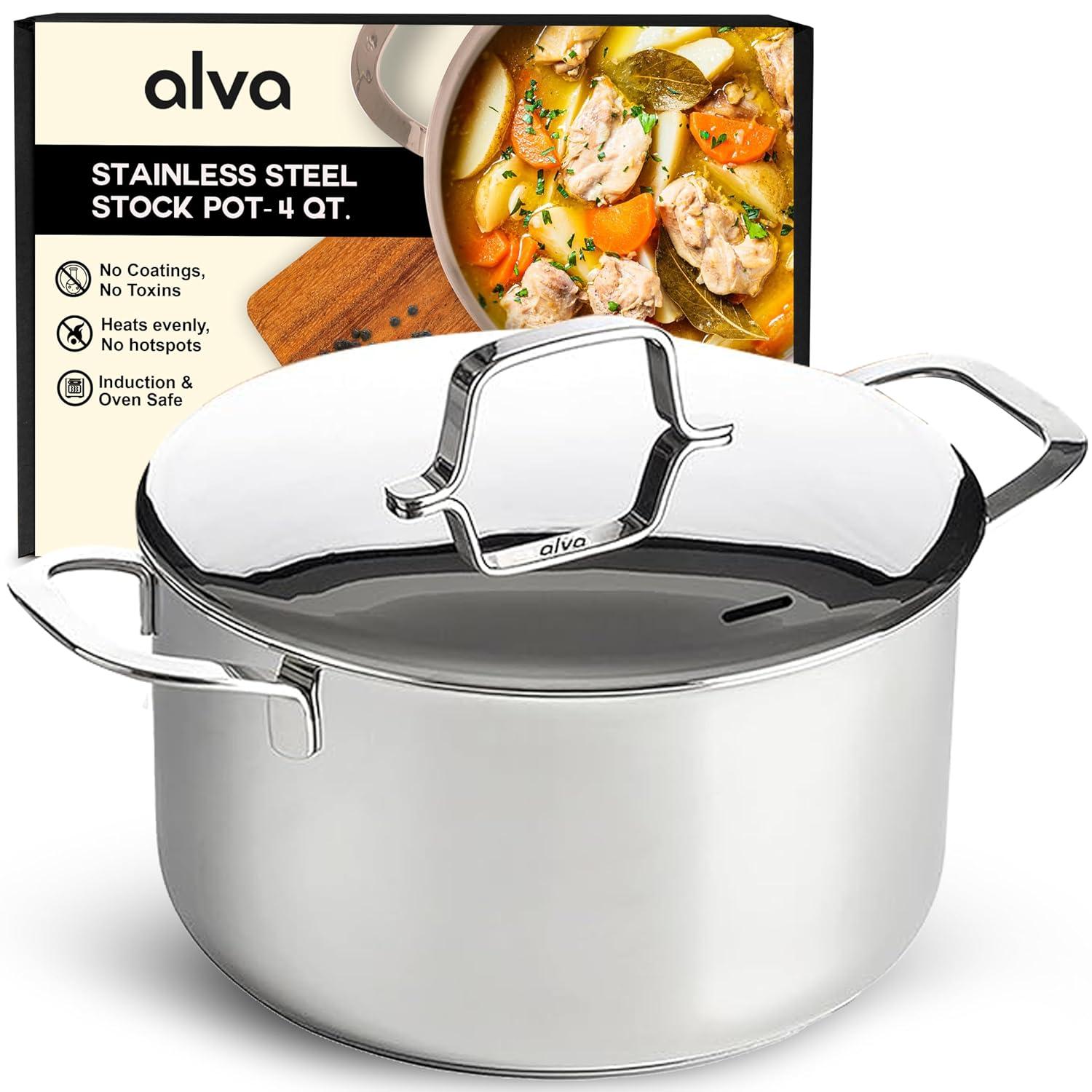 Alva Maestro Stainless Steel Casserole Dish Pot with Lid Non Toxic Soup & Stock Pot PFAS, PFOA & PFTE Free, Kitchen Pot, Pasta Pot, Canning Pot, Induction Safe, Add to Your Pots and Pans Set