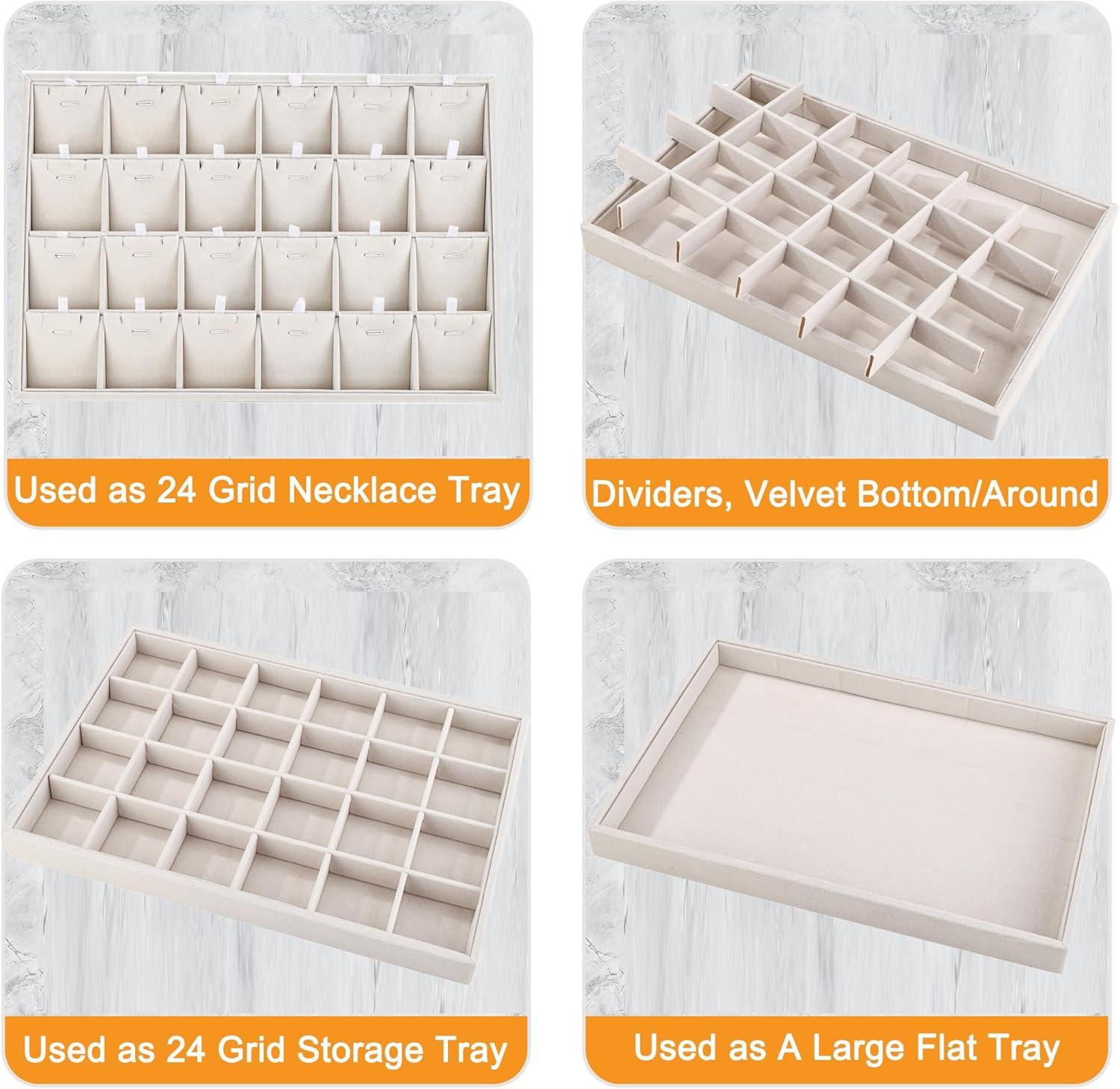 Elegant Beige Linen 24-Compartment Jewelry Tray Organizer