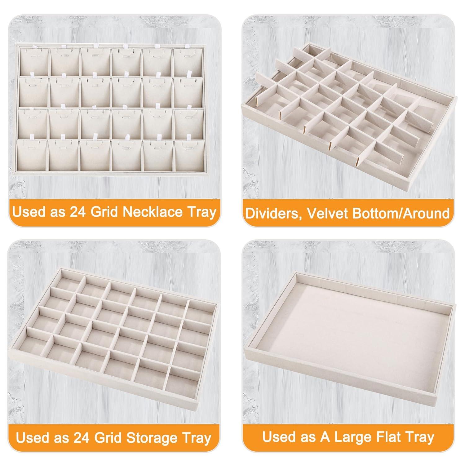 Elegant Beige Linen 24-Compartment Jewelry Tray Organizer