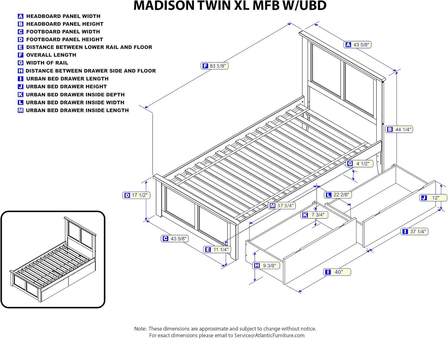 Madison Twin XL Platform Bed with Matching Foot Board with 2 Urban Bed Drawers in Walnut