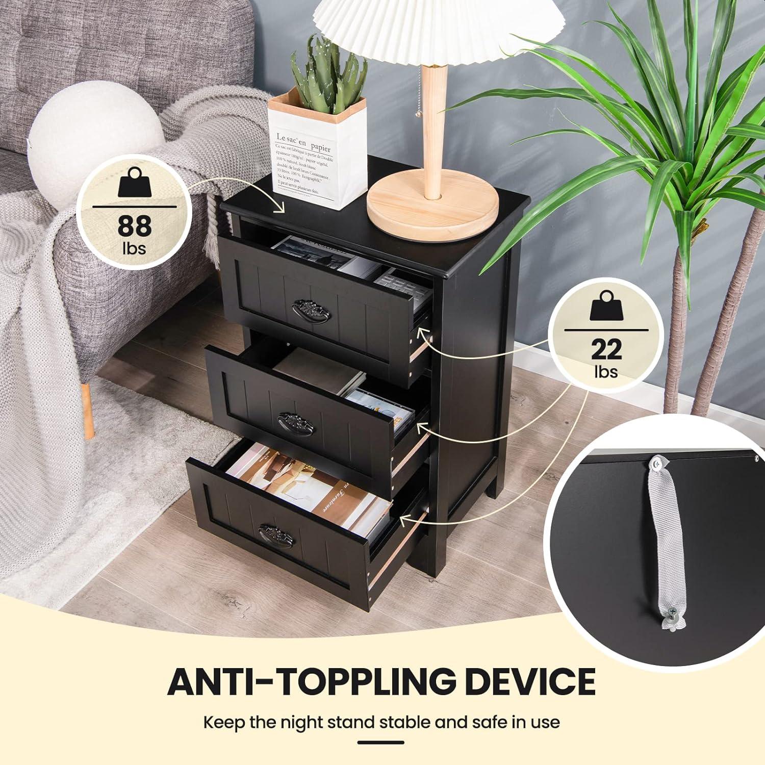 Gymax End Table Nightstand Bedroom Storage w/ 3 Drawers & Wood Slide White