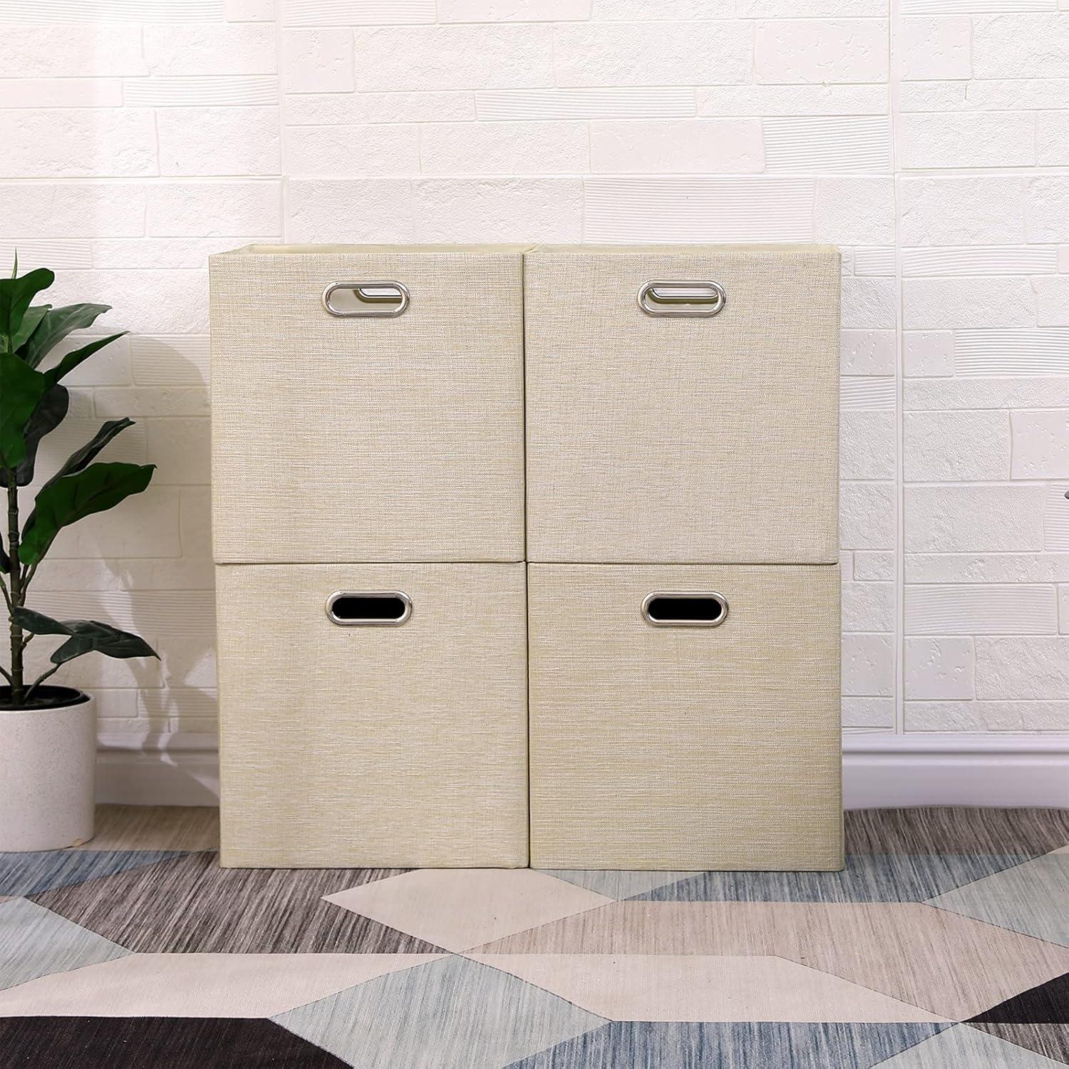 Cube Storage Bins 13×13 Fabric Foldable Box with Handles, Collapsible Organization Basket Set of 4 Large Capacity Drawer for Closet Shelf Cabinet Bookcase Bedroom, Grey-white Stripes