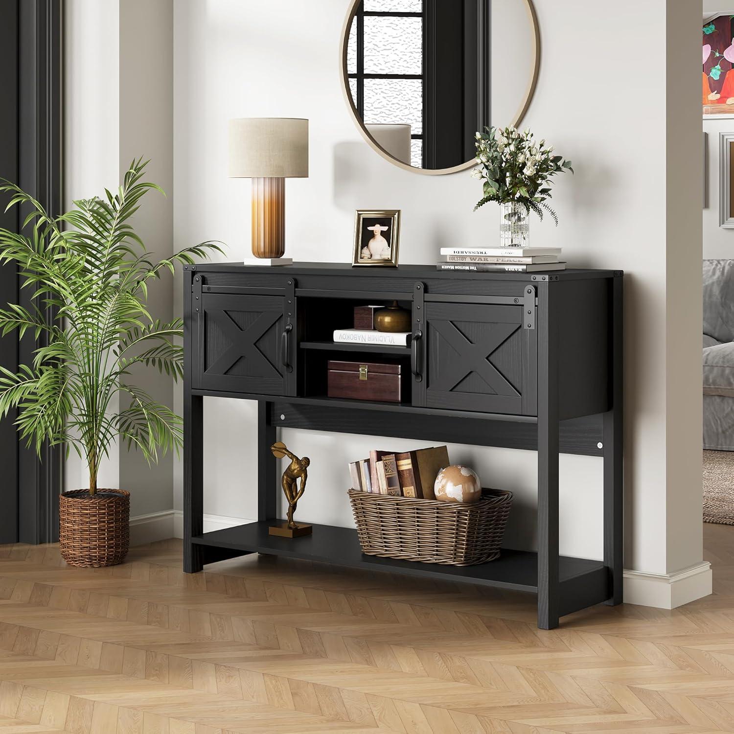 Farmhouse Console Table with Storage Shelf & Sliding Barn Door, Wood Entryway Table with Storage, 46" Narrow Long Sofa Table, Behind Couch Table, Console Tables for Living Room, Entryway, Foyer