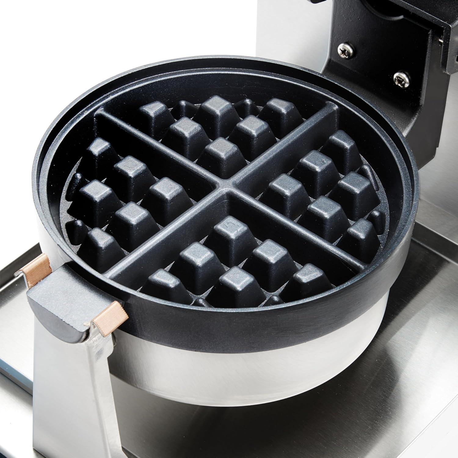 Commercial-Grade Stainless Steel Rotating Belgian Waffle Maker with Non-Stick Plates