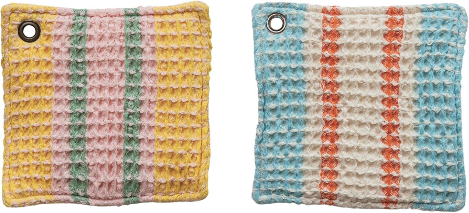 Creative Co-Op Cotton Waffle Weave Pot Holder With Leather Loop