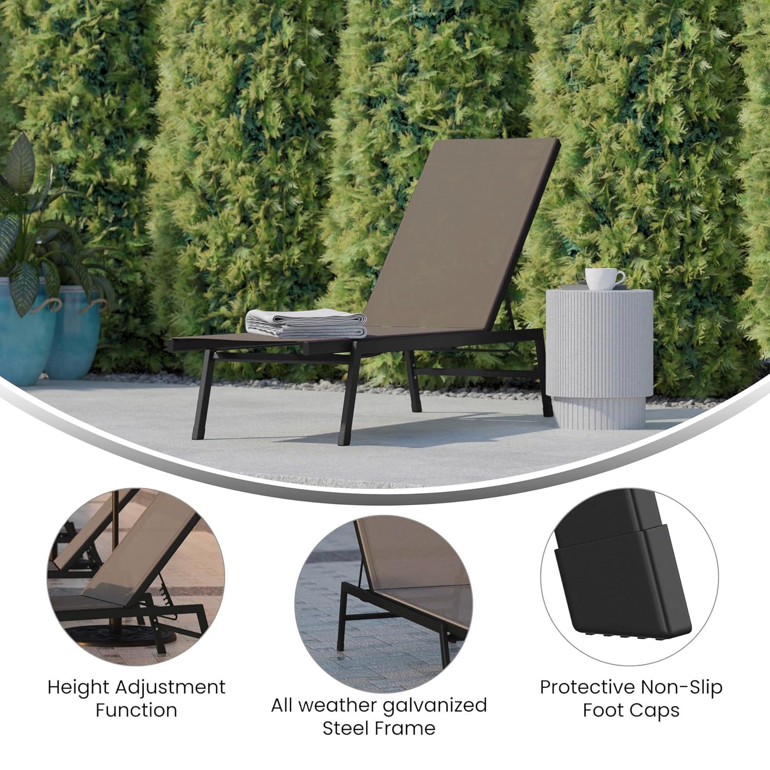 Flash Furniture Brazos Adjustable Chaise Lounge Chair, Outdoor Five-Position Recliner, All Weather, Black/Brown