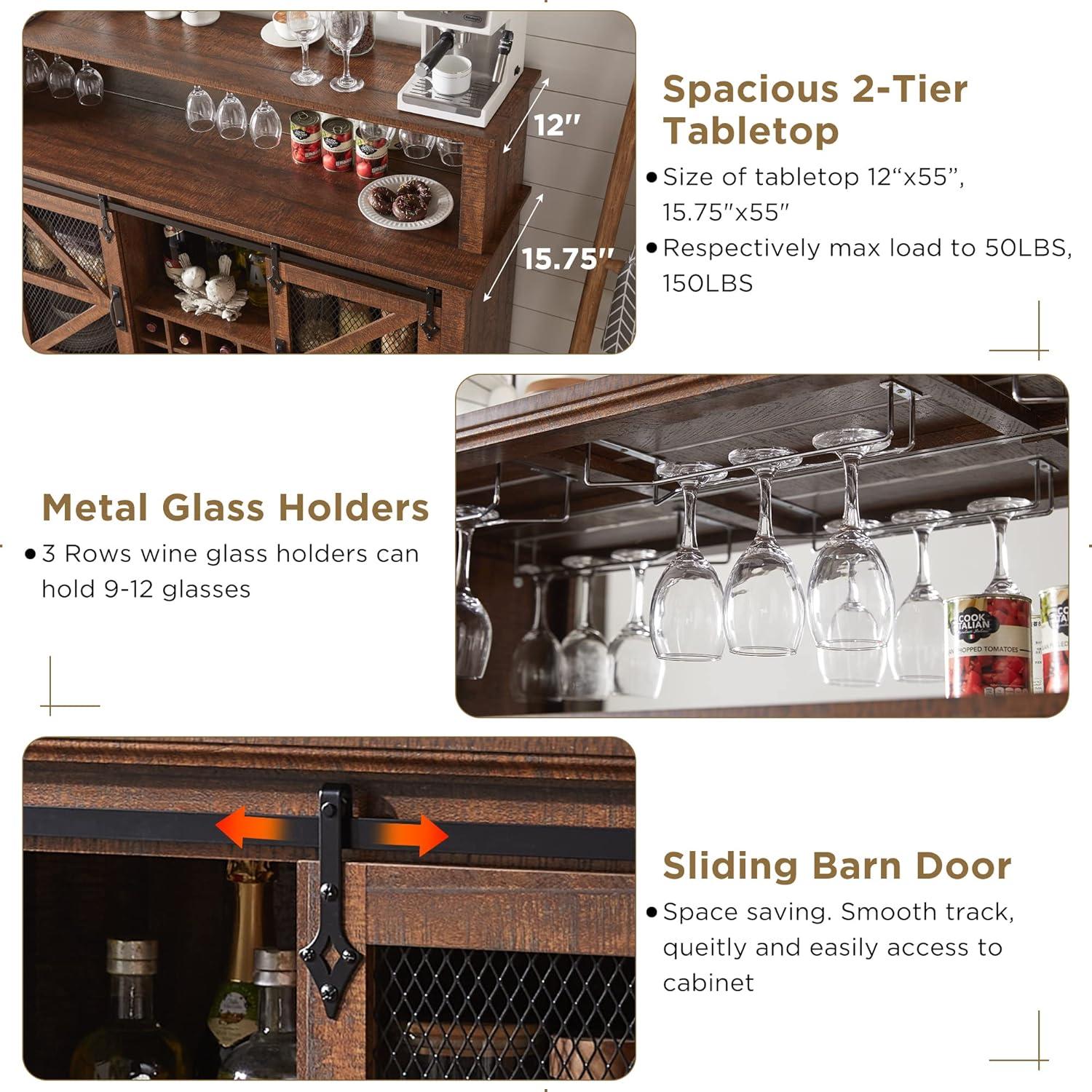 SinCiDo 55" Coffee Bar Cabinet with LED Lights & Sliding Barn Door & Wine and Glass Rack, Wine Bar Cabinet w/Storage Shelves, Reclaimed Barnwood