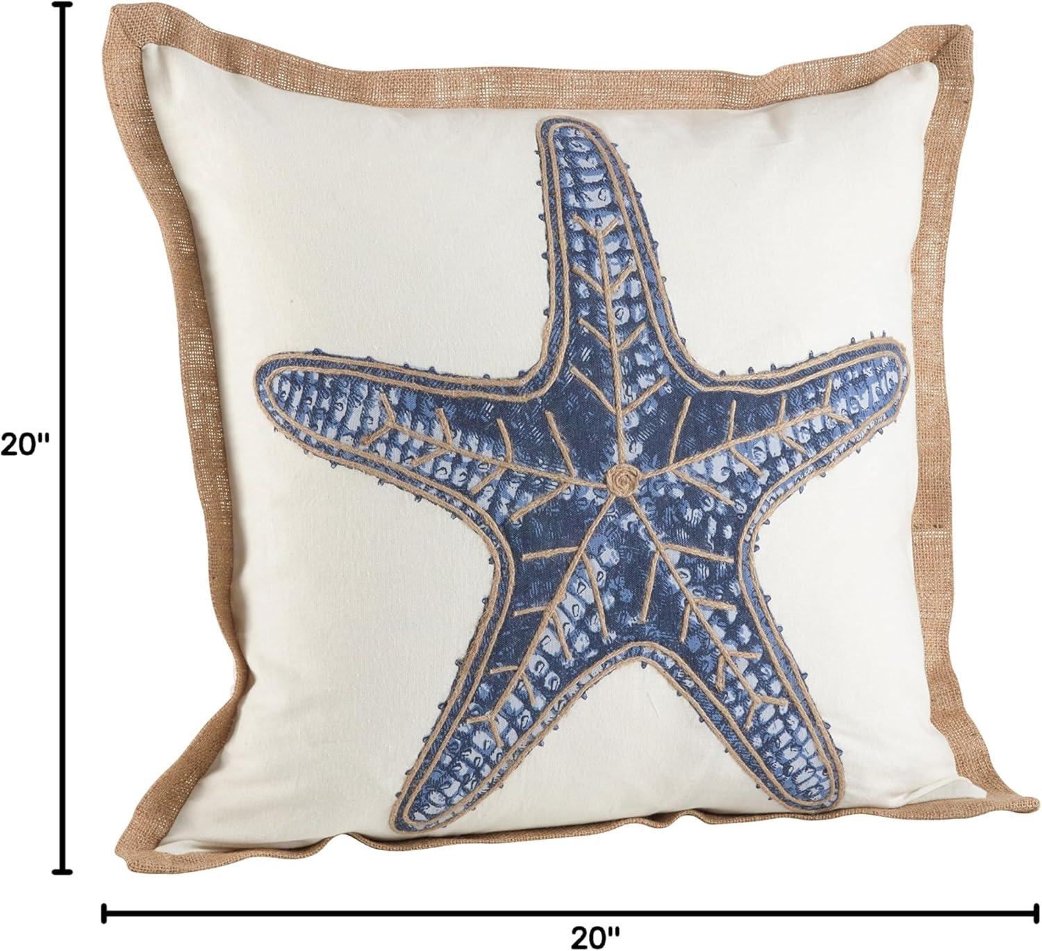 20" Navy Blue Starfish Embroidered Cotton Square Throw Pillow