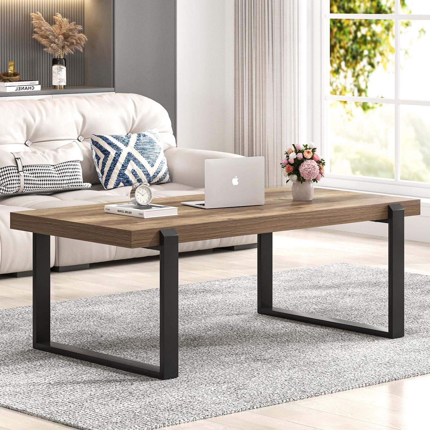 FOLUBAN Coffee Table, Modern Rustic Wood and Metal Center Table with Storage, Industrial Cocktail Tea Table for Living Room, Oak, 47 Inch