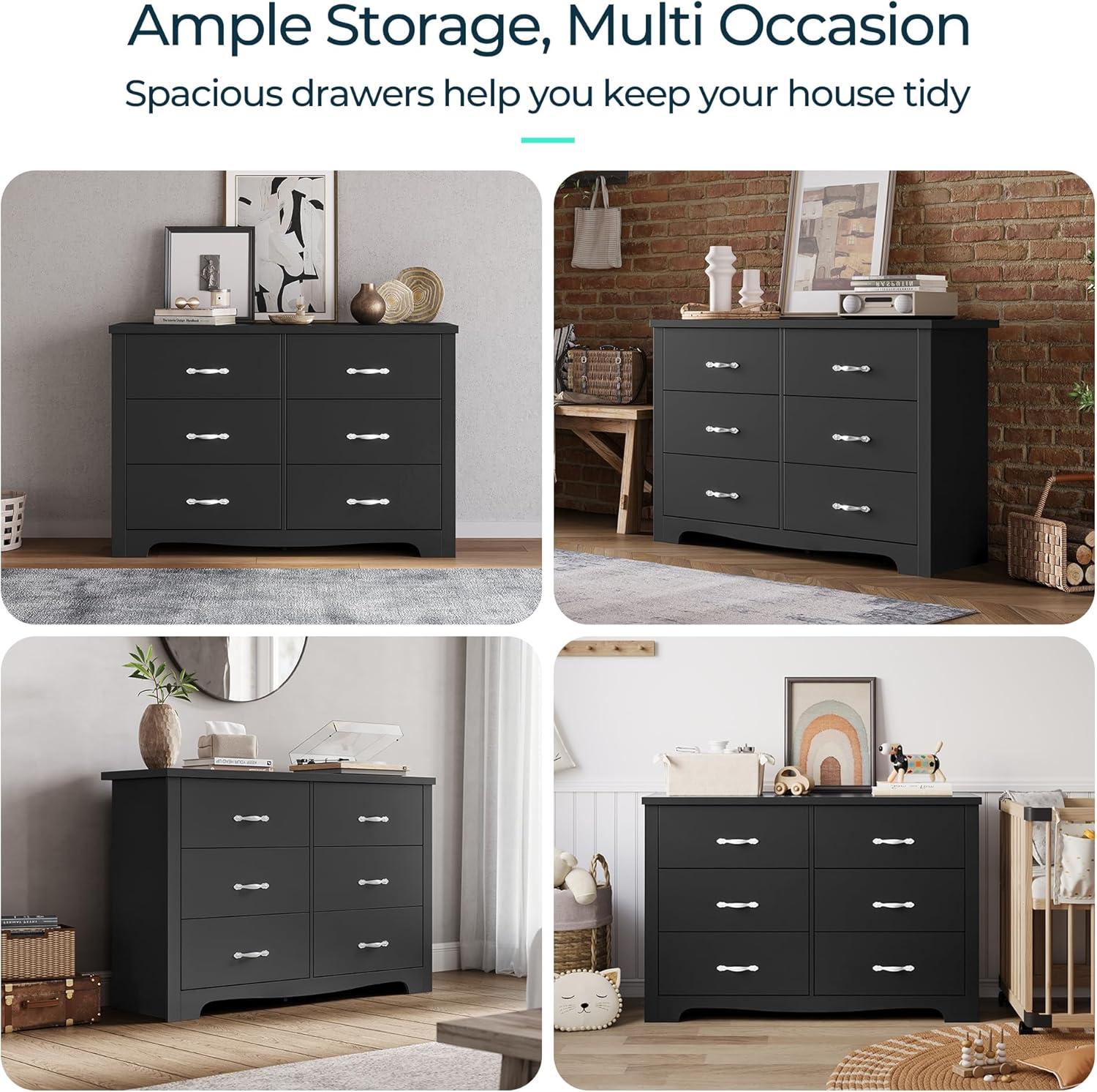 SUGIFT Double Dressers for Bedroom Modern Wood Storage Chest of 6 Drawers, Black