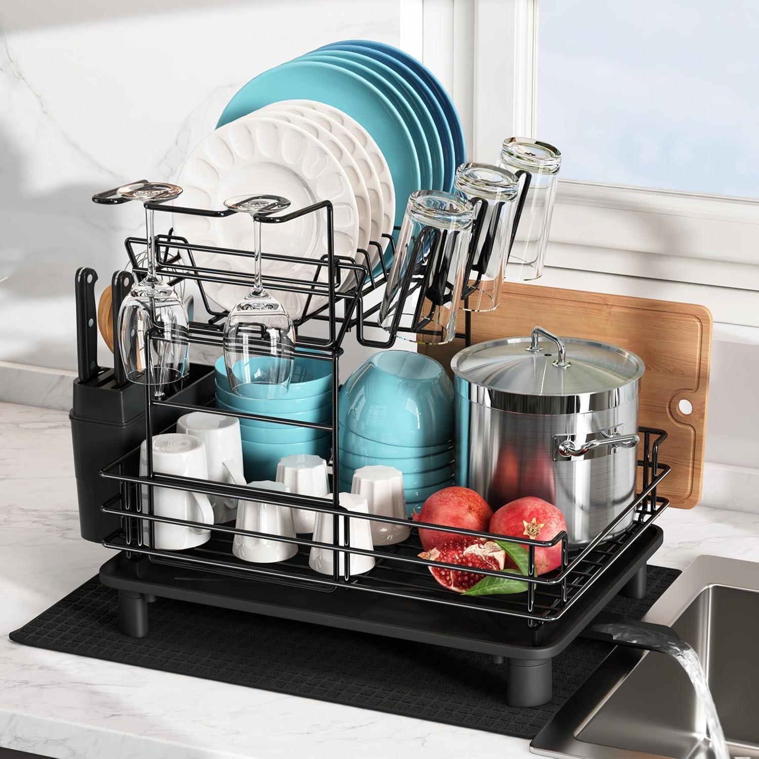 Black Stainless Steel 2-Tier Dish Drying Rack with Utensil Holder