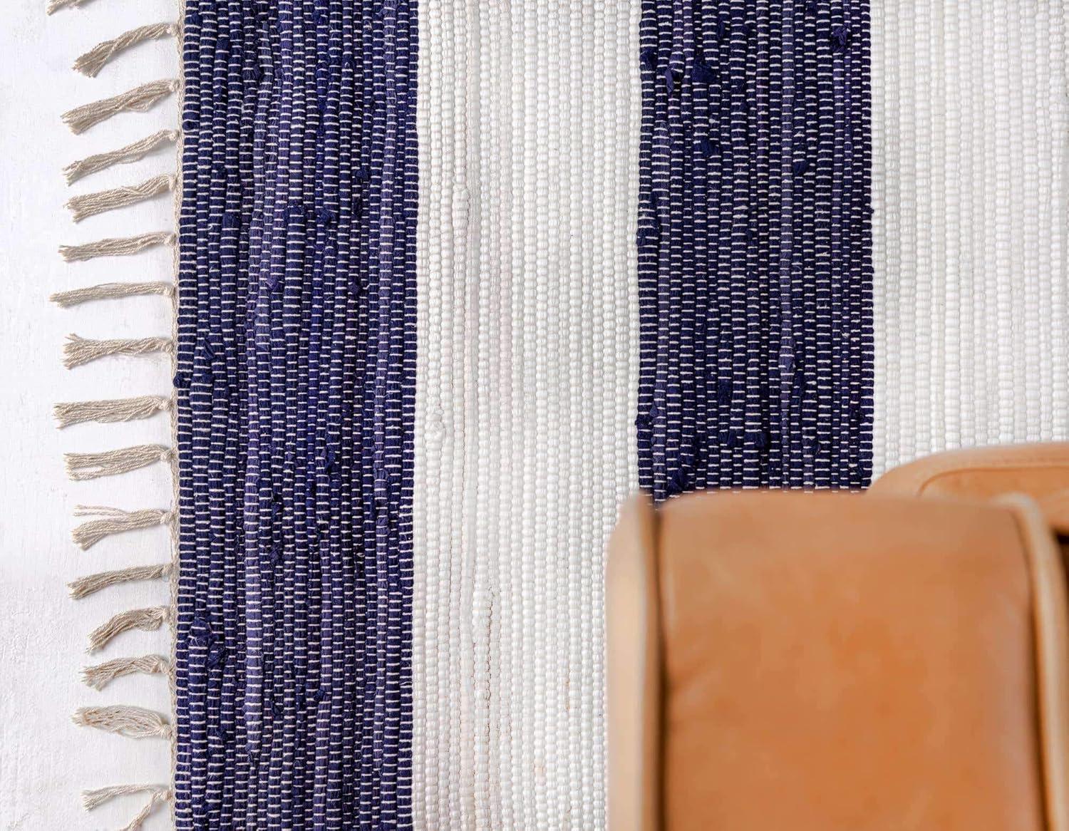 Unique Loom Chindi Rag Collection Area Rug - Striped (8'  x 10' Rectangle Navy Blue/Ivory)