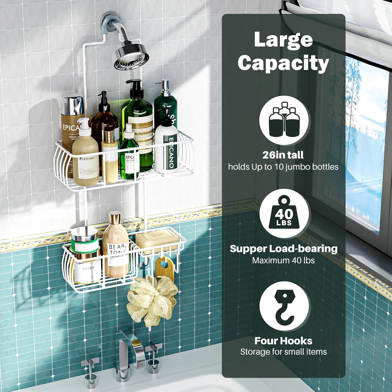 Epicano Shower Caddy Hanging, Anti-Swing Over Head Shower Caddy Rustproof with hooks for Towels, Sponge and more,White
