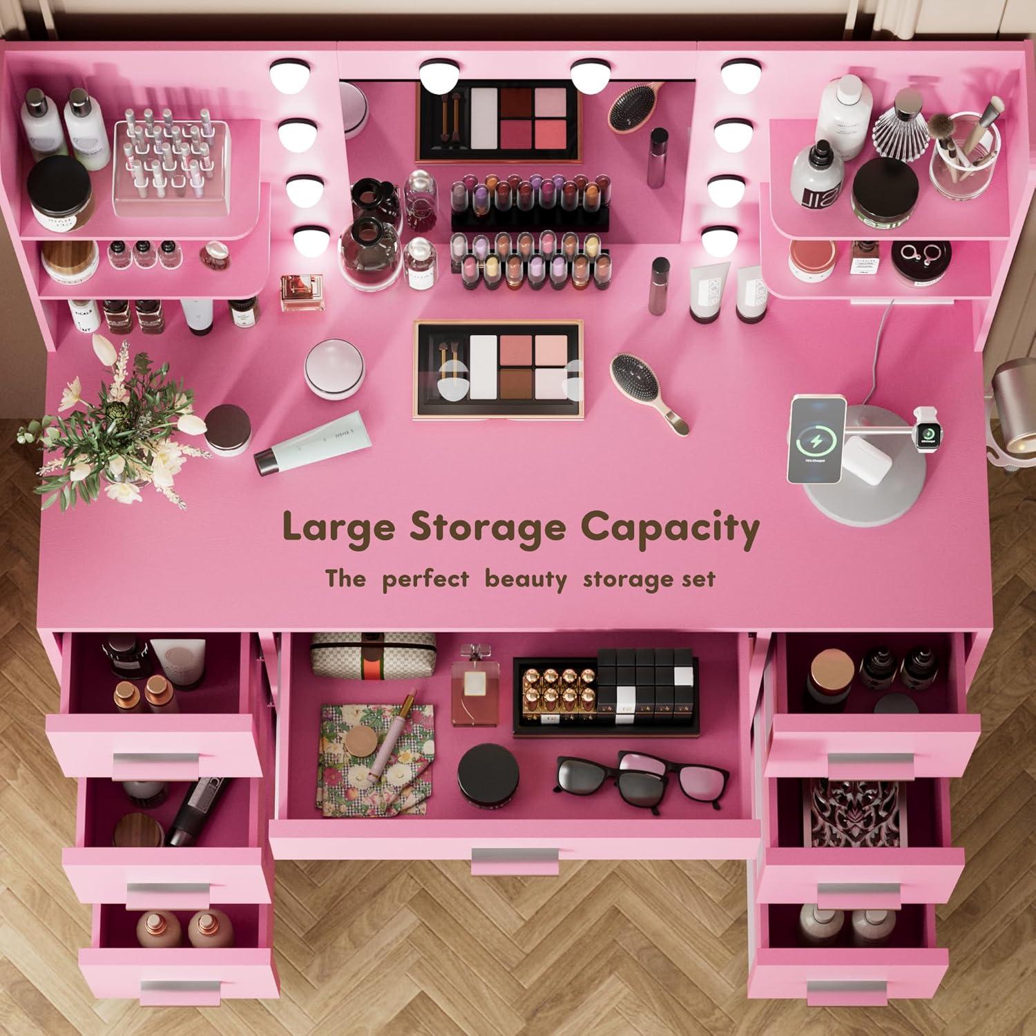 YESHOMY Vanity Desk with Mirror, Power Outlet and 10 Lights, Makeup Table with 7 Drawers, 3 Color Modes Available for Bedroom, White