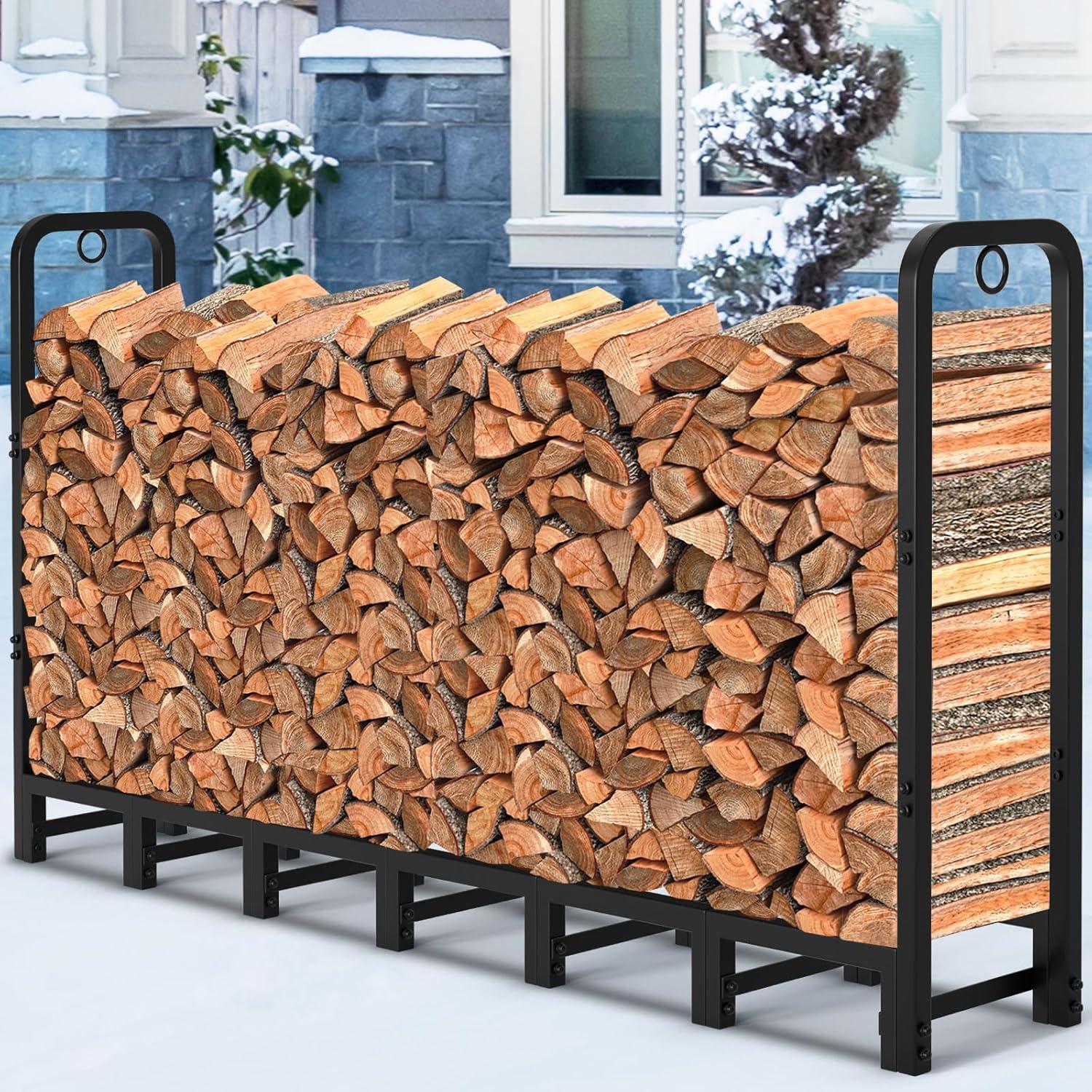 8ft Black Steel Outdoor Firewood Log Rack with Cover