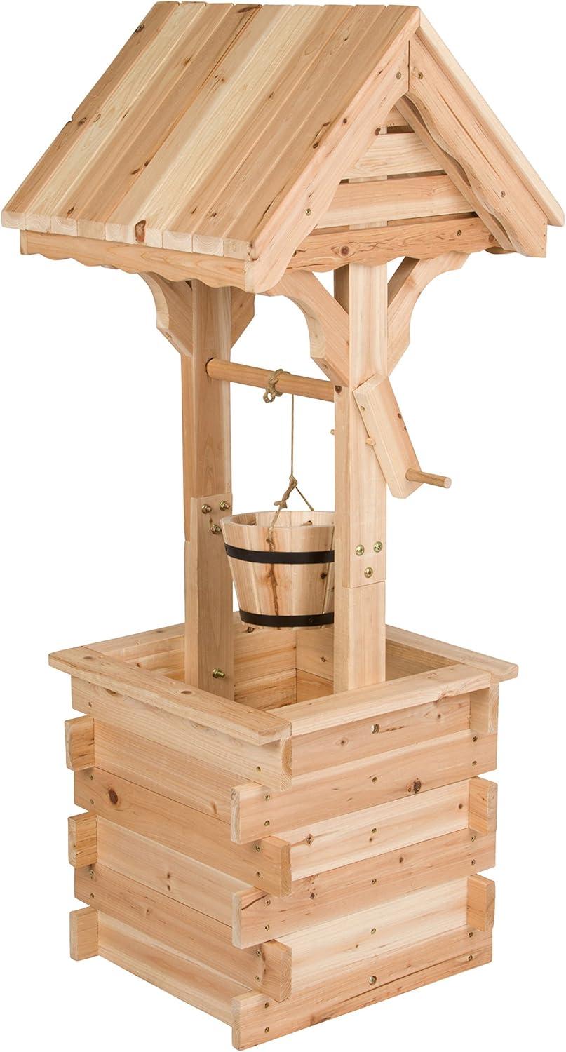 Natural Cedar Wood Outdoor Wishing Well Planter with Hanging Bucket