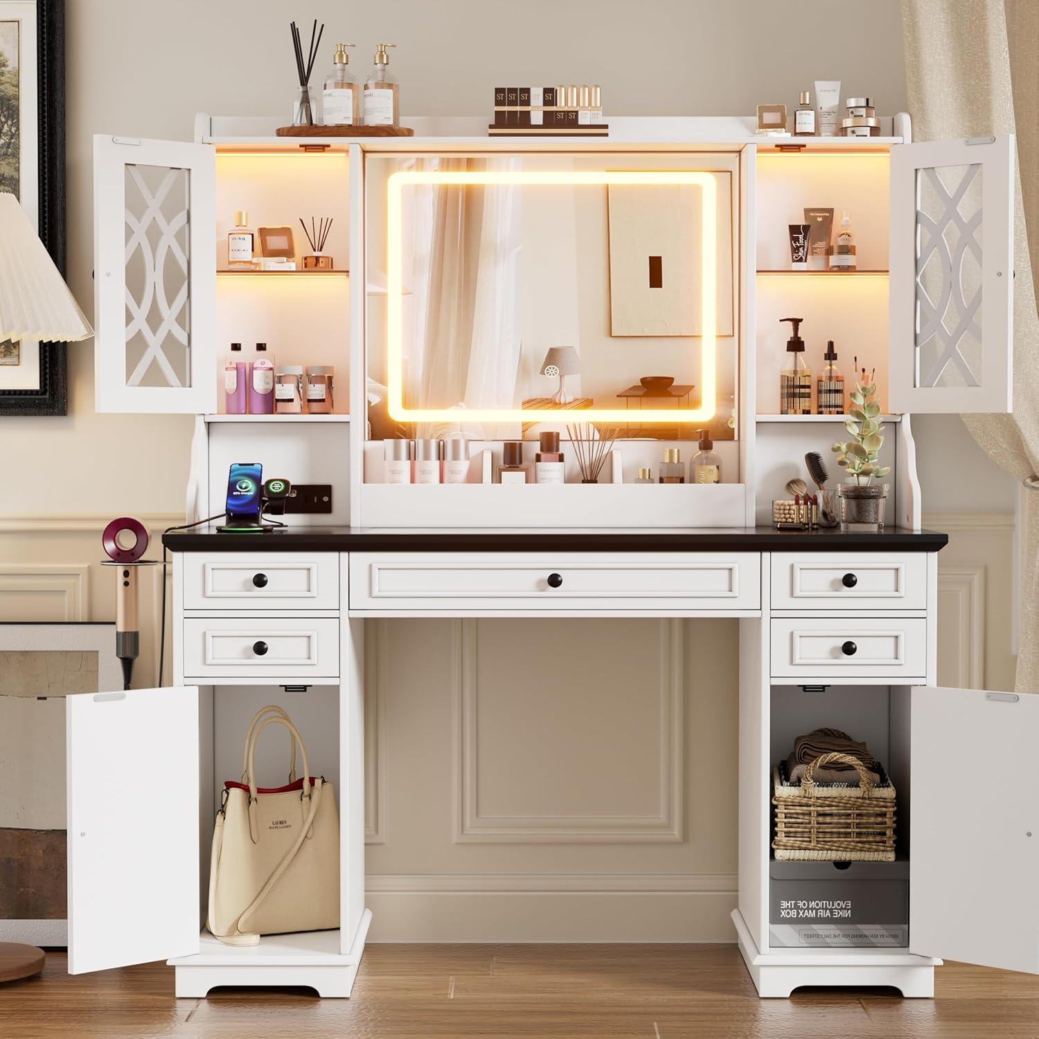 PAKASEPT Large Vanity Desk with Mirror and Lights,Makeup Vanity with 3 Lighting Modes& Charging Station, 5 Drawers, 4 Cabinets, Farmhouse Bedroom Vanity for Women, Girls
