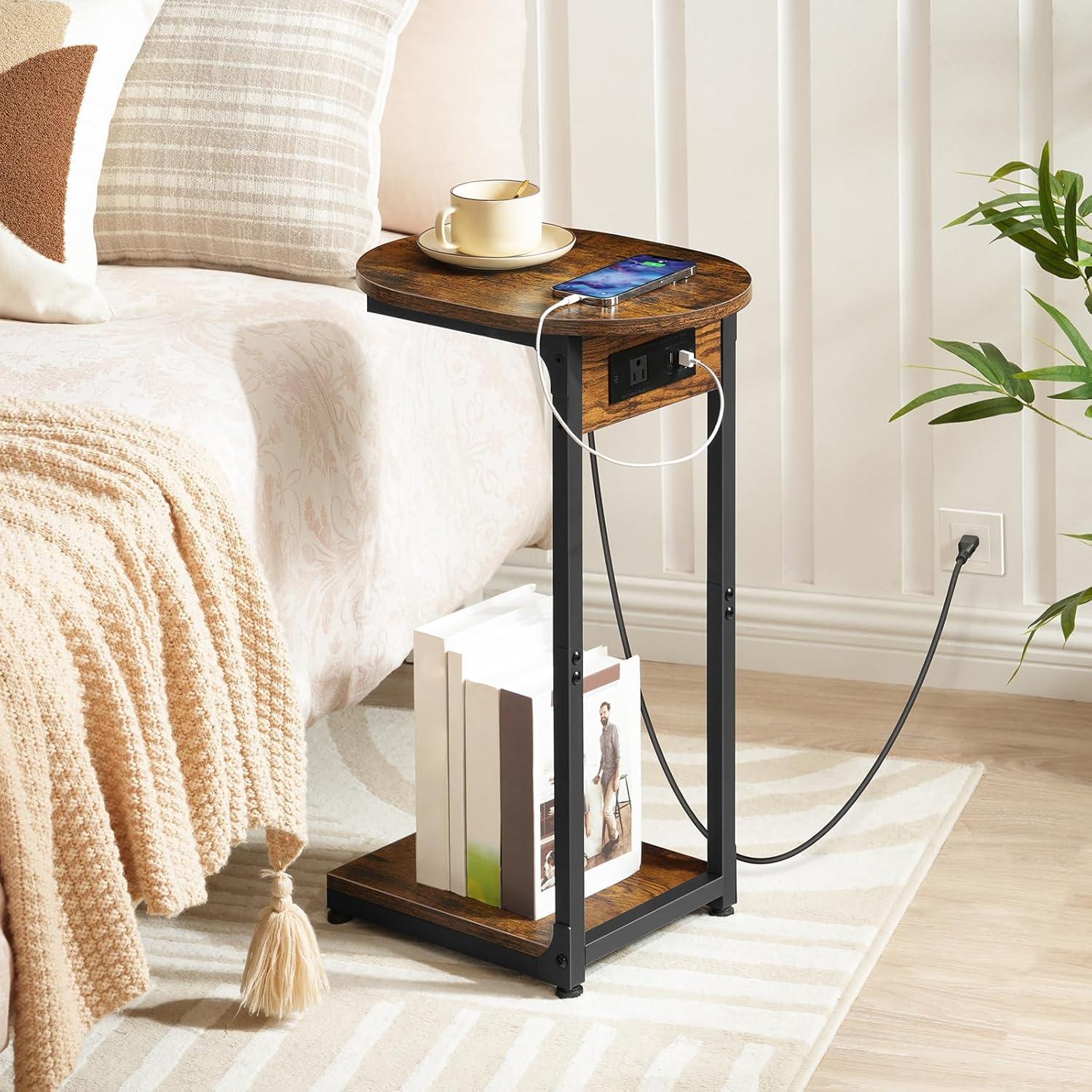 Rustic Brown and Black C-Shaped Side Table with Charging Station