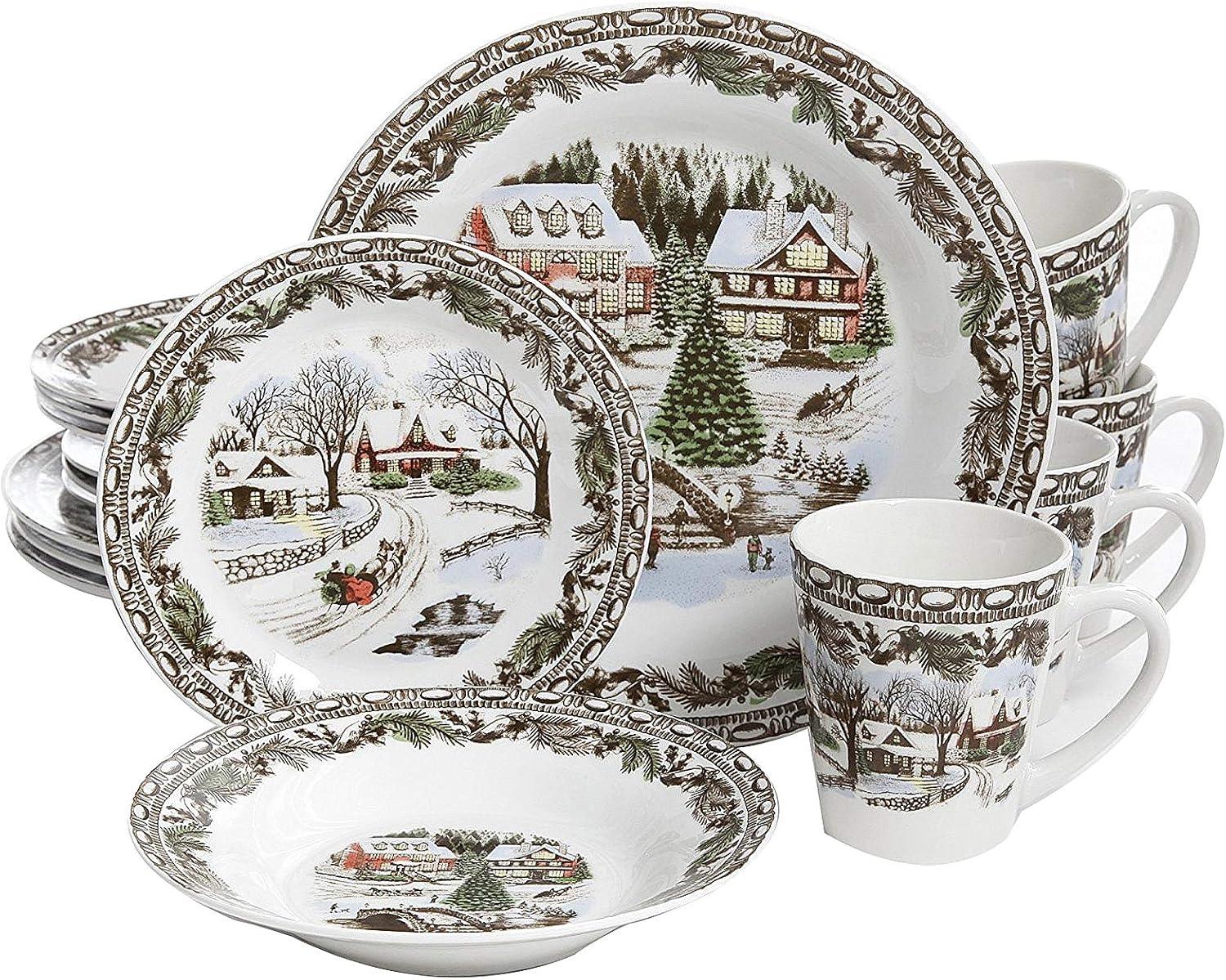 Christmas Toile 16-Piece Porcelain Dinnerware Set with Winter Scene