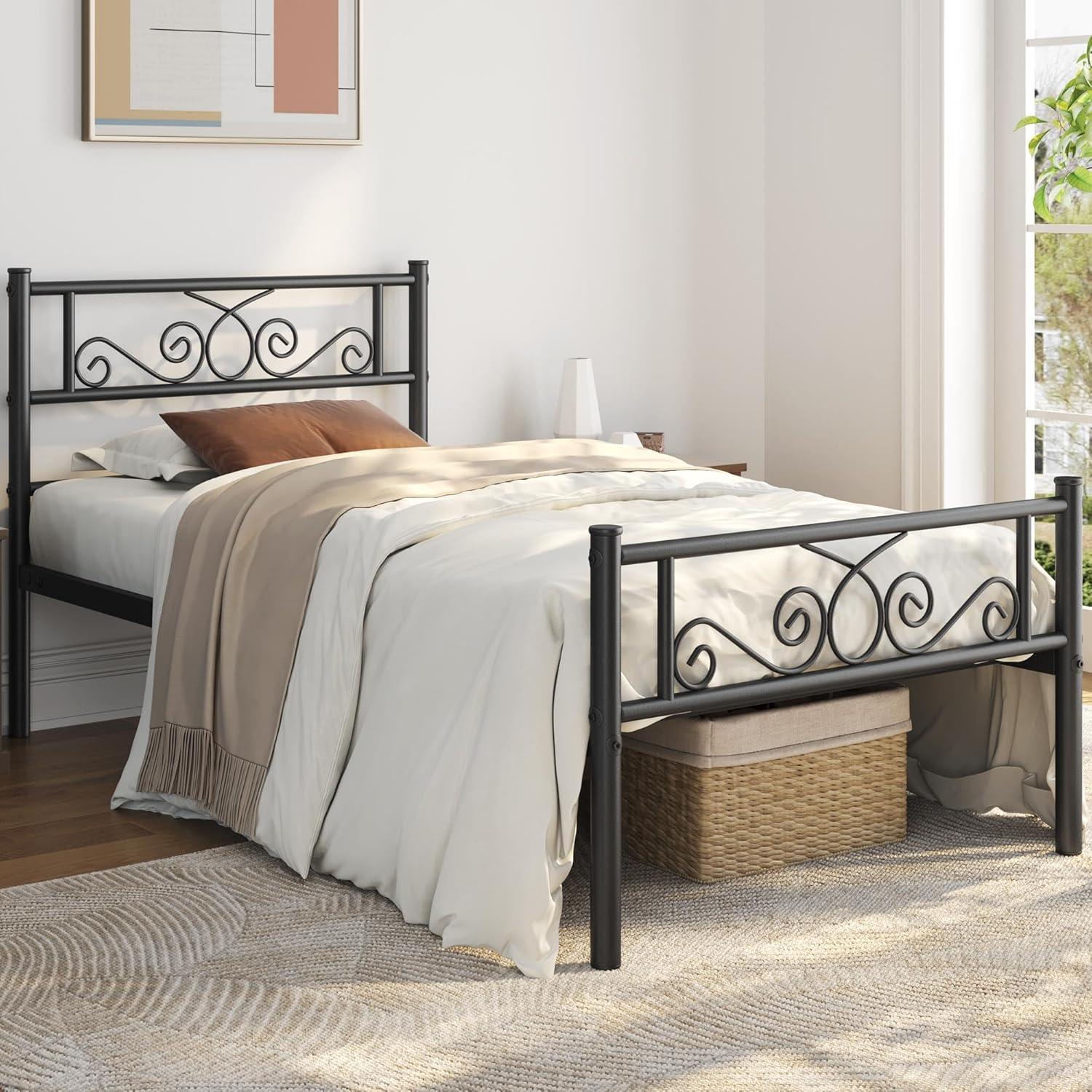 Black Twin XL Metal Platform Bed with Scroll Headboard and Footboard