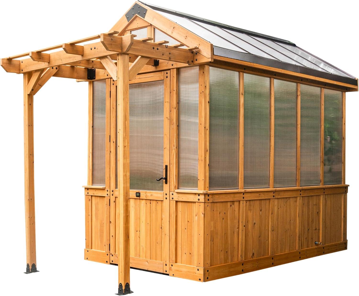 Cedar Wood and Polycarbonate Walk-in Greenhouse with Shelves and Fan